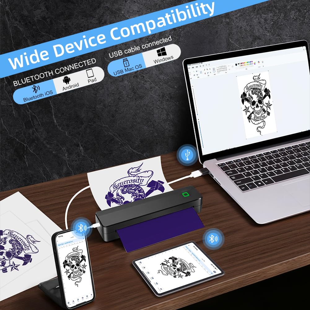 Aolso Stampante per Tatuaggi Termica Bluetooth, Portatile con 10 Fogli Carta Transfer, per Artisti e Principianti