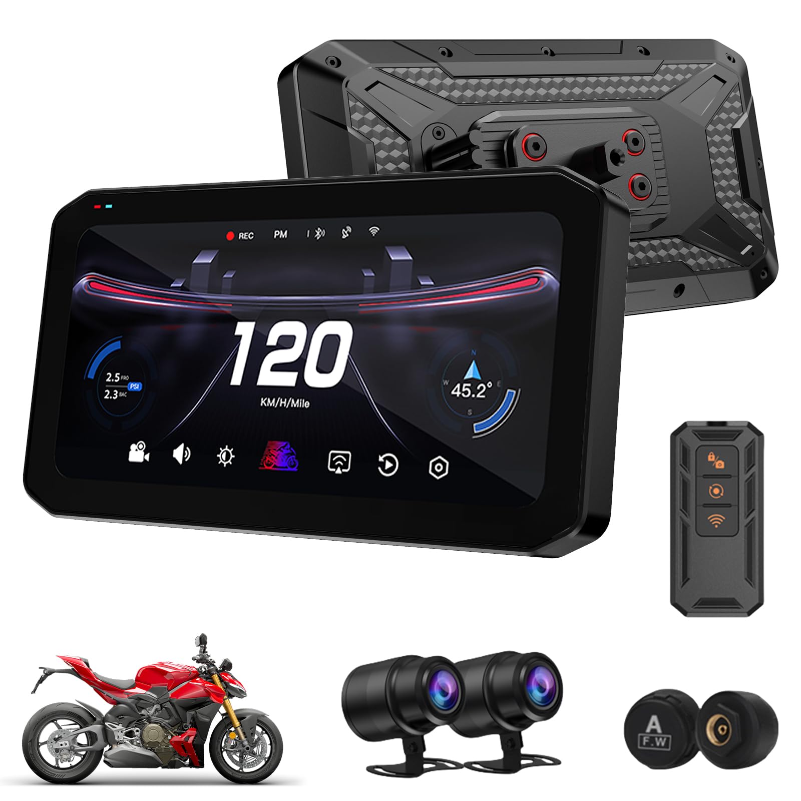 Mogico T7 Ultra Motorcycle GPS Navigator Wireless CarPlay Android Auto Blind Spot Detection Smart Riding System, Tire Pressure Sensor, 6.25