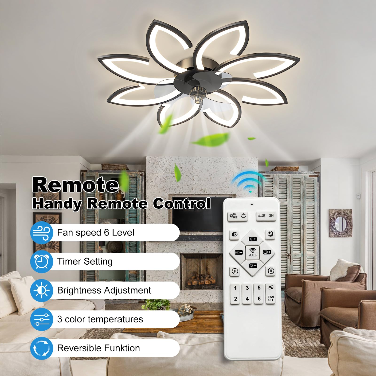 Deckenleuchte mit Ventilator leise Dimmbar 3 Farbtemperatur 6 Geschwindigkeiten led deckenventilator mit fernbedienung für Wohnzimmer Schlafzimmer Esszimmer deckenlampe mit ventilator (Schwarz, Φ78cm)