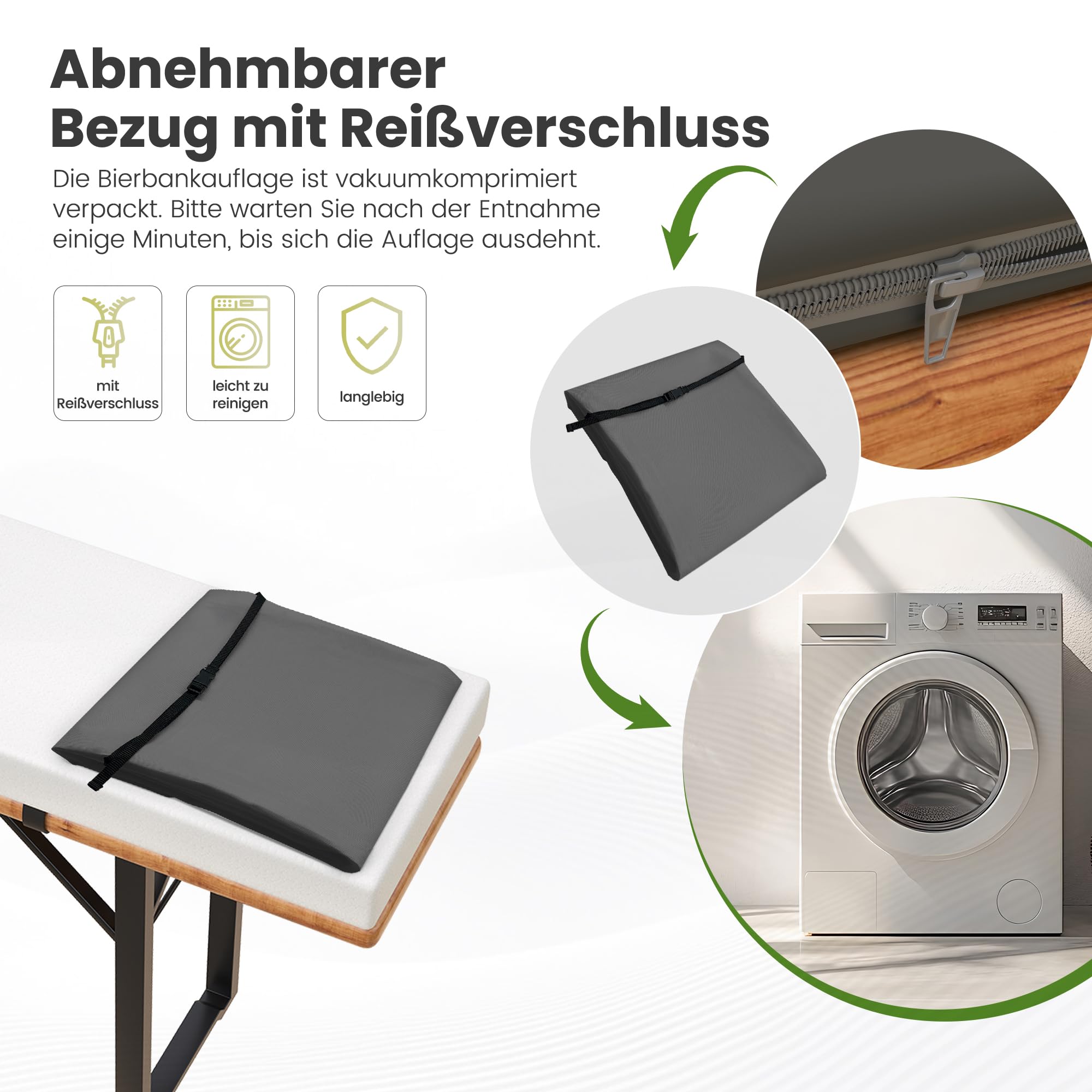 Amopatio 2er Set Bierbankauflage gepolstert, 180x25x4 cm XL Biertischgarnitur Auflagen Outdoor & Indoor, Bezug waschbar, Wasserdicht & UV-Schutz, Grau