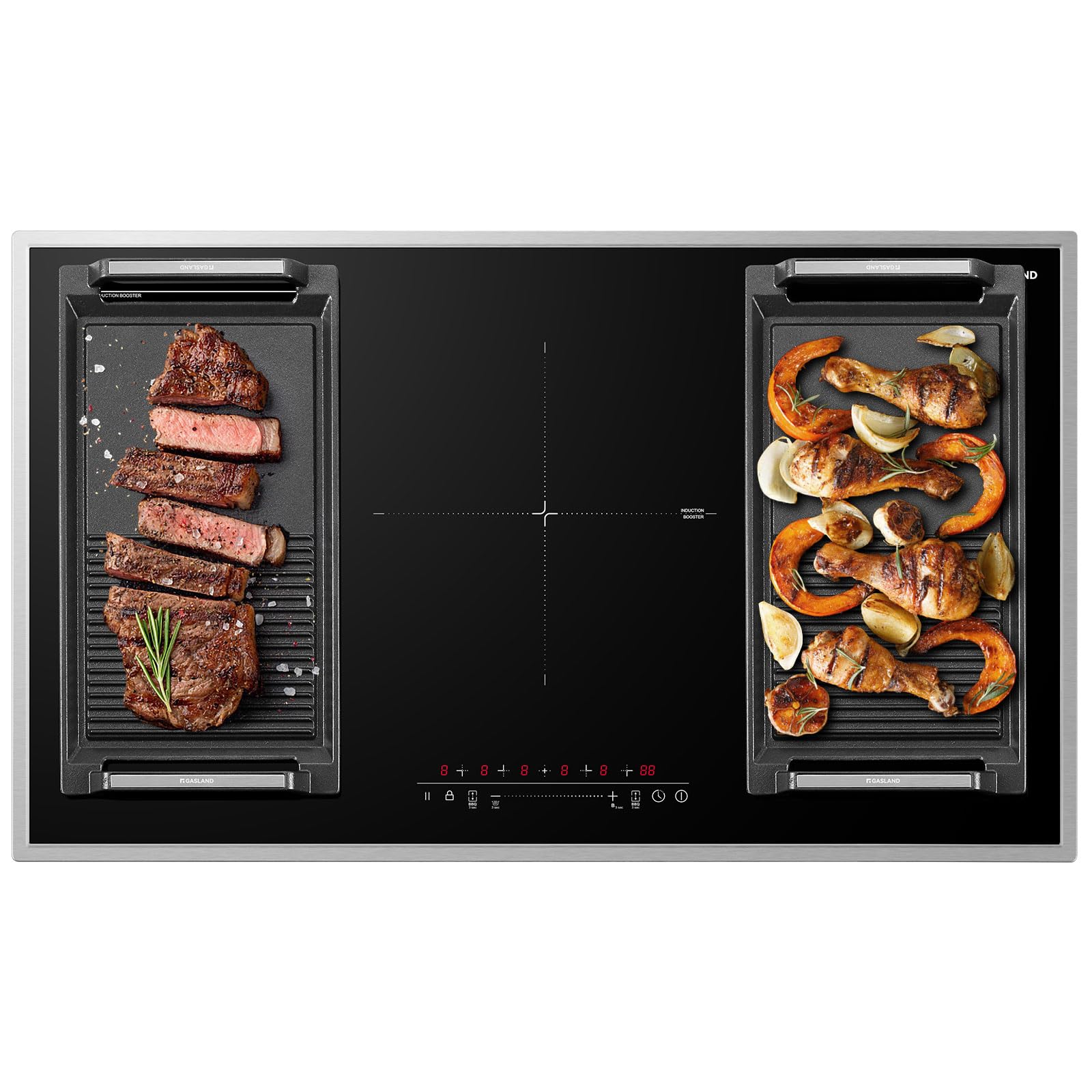 GASLAND IH905BFB Plaque de Cuisson Induction encastrable 90 cm, 5 foyers avec cadre en inox, zone spéciale BBQ, PowerBoost, 10000W (Poêle non incluse)