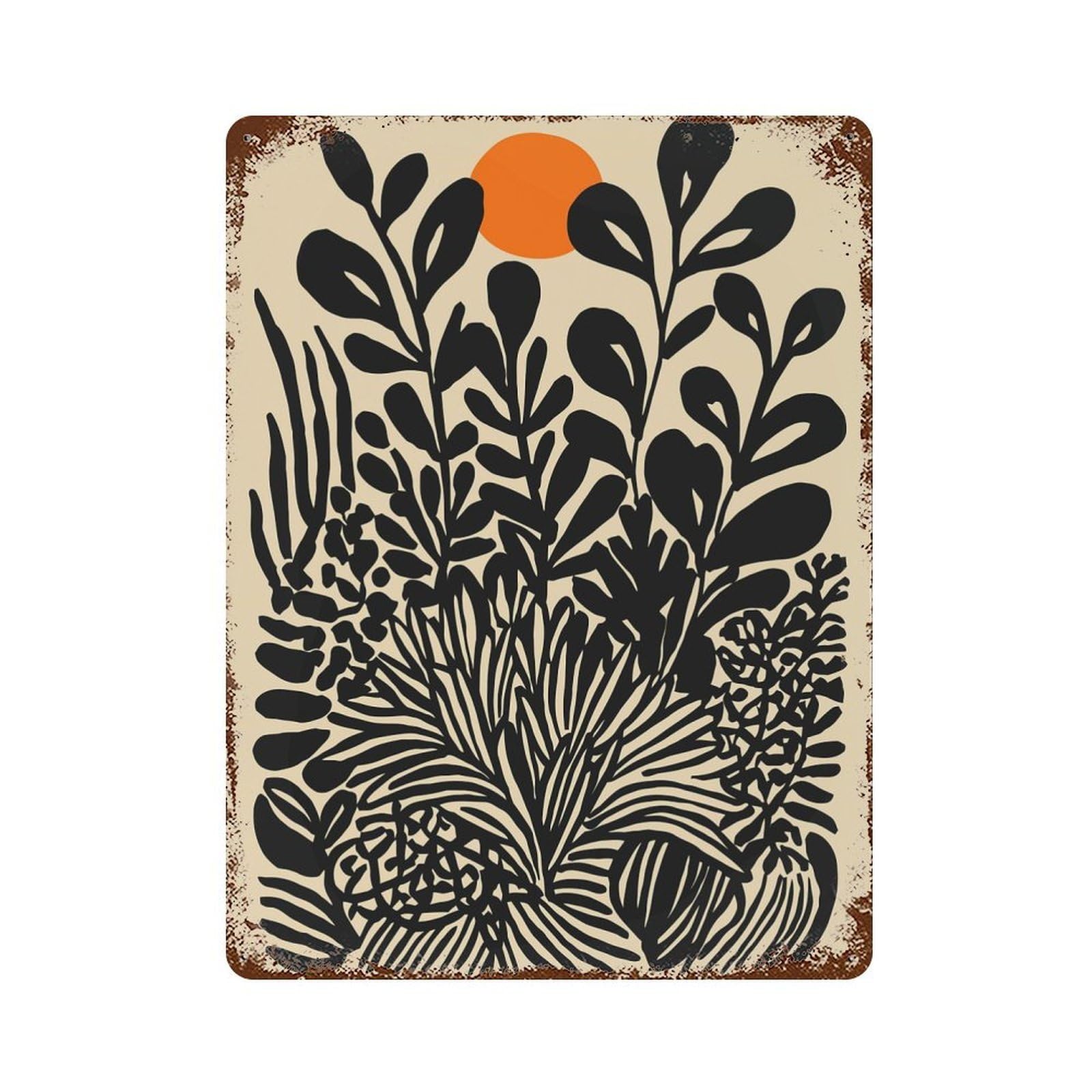 Botanical Illustration with Orange Sun Rust Effect Tin Sign 15.7"x11.8", Vintage Wall Decor for Pub, Kitchen And Man Cave Decor