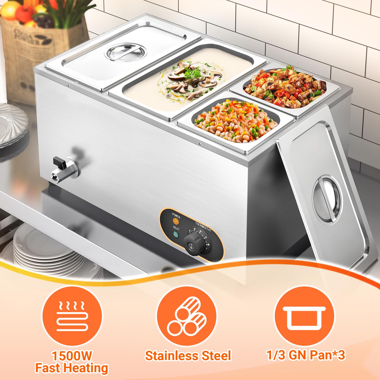Baño María Eléctrico con 4 bandejas de Acero Inoxidable Bain Marie con Control de Temperatura