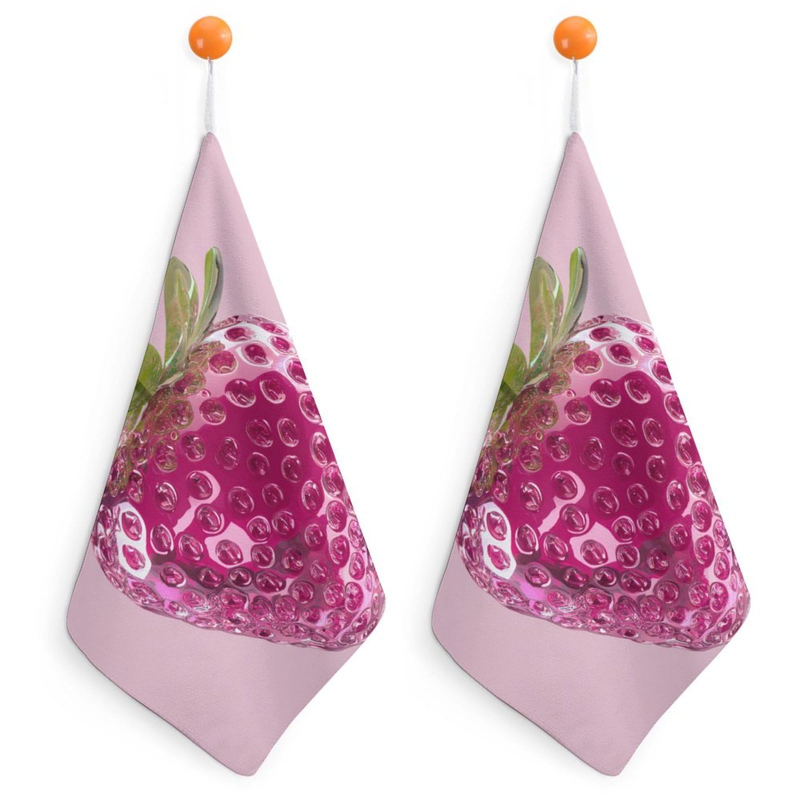 Jubonexis Stylized Pink Strawberry Small Hand Towel with Hanging Loop 2 PCS Absorbent Soft Wash Cloth for Kitchen Bathroom