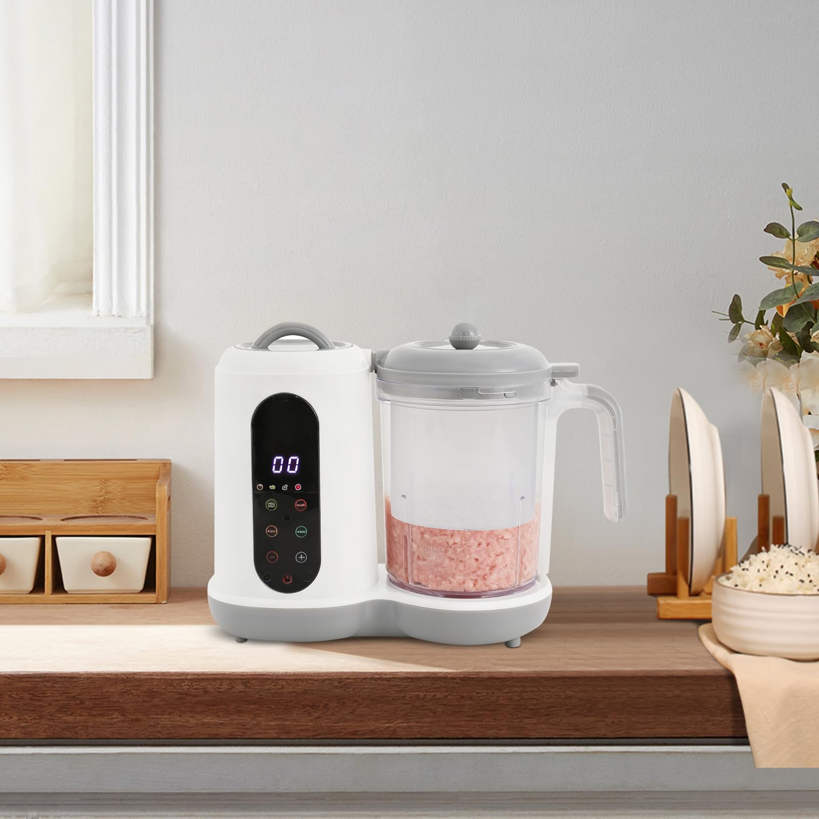 Multifunktions Mixer für Babynahrung, Gemüse und Obst, 450W Babynahrungszubereiter Dampfgarer & Zerkleinerer, 400ml Kapazität, Ideal für Familien, Kindergarten & Küche, Weiß