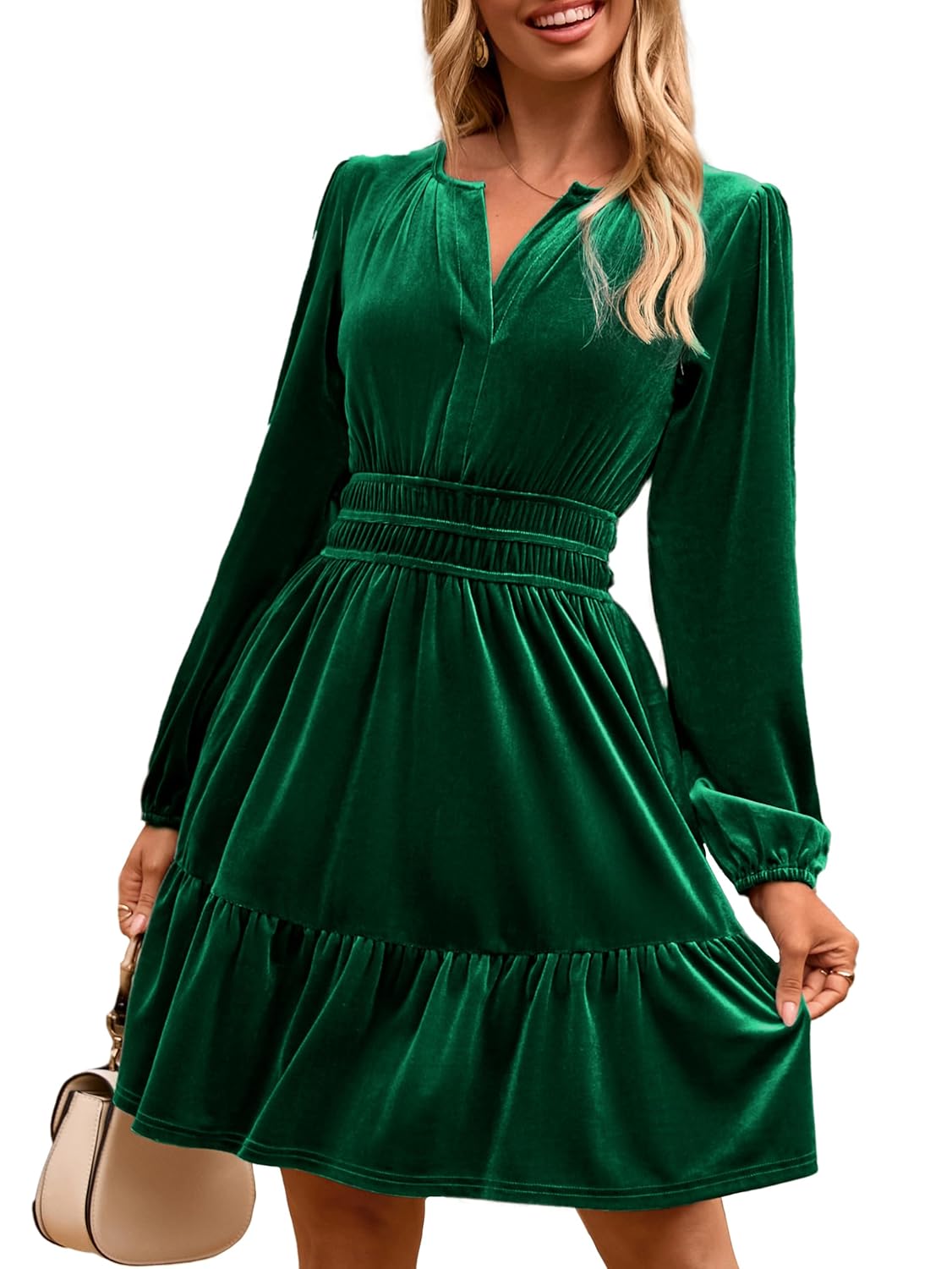 Simplee Womens Velvet Dress 2025 Fall Cocktail Long Sleeve Empire V Neck Wedding Guest Holiday Mini Dresses with