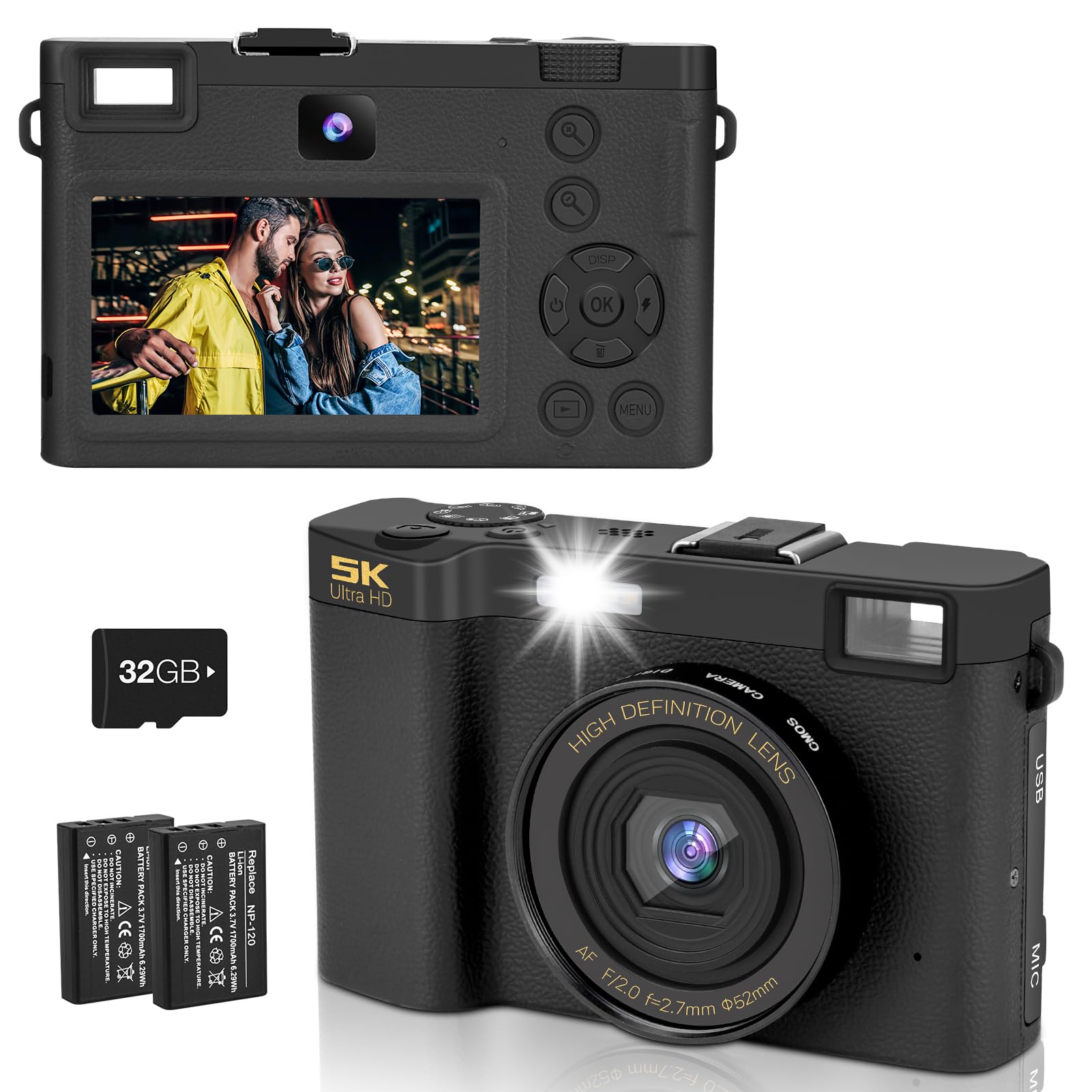 Digital Camera, Dual-Lens Camera for Selfies, Autofocus Vlogging Camera, 3.0" Screen, 18X Digital Zoom, 32GB Card