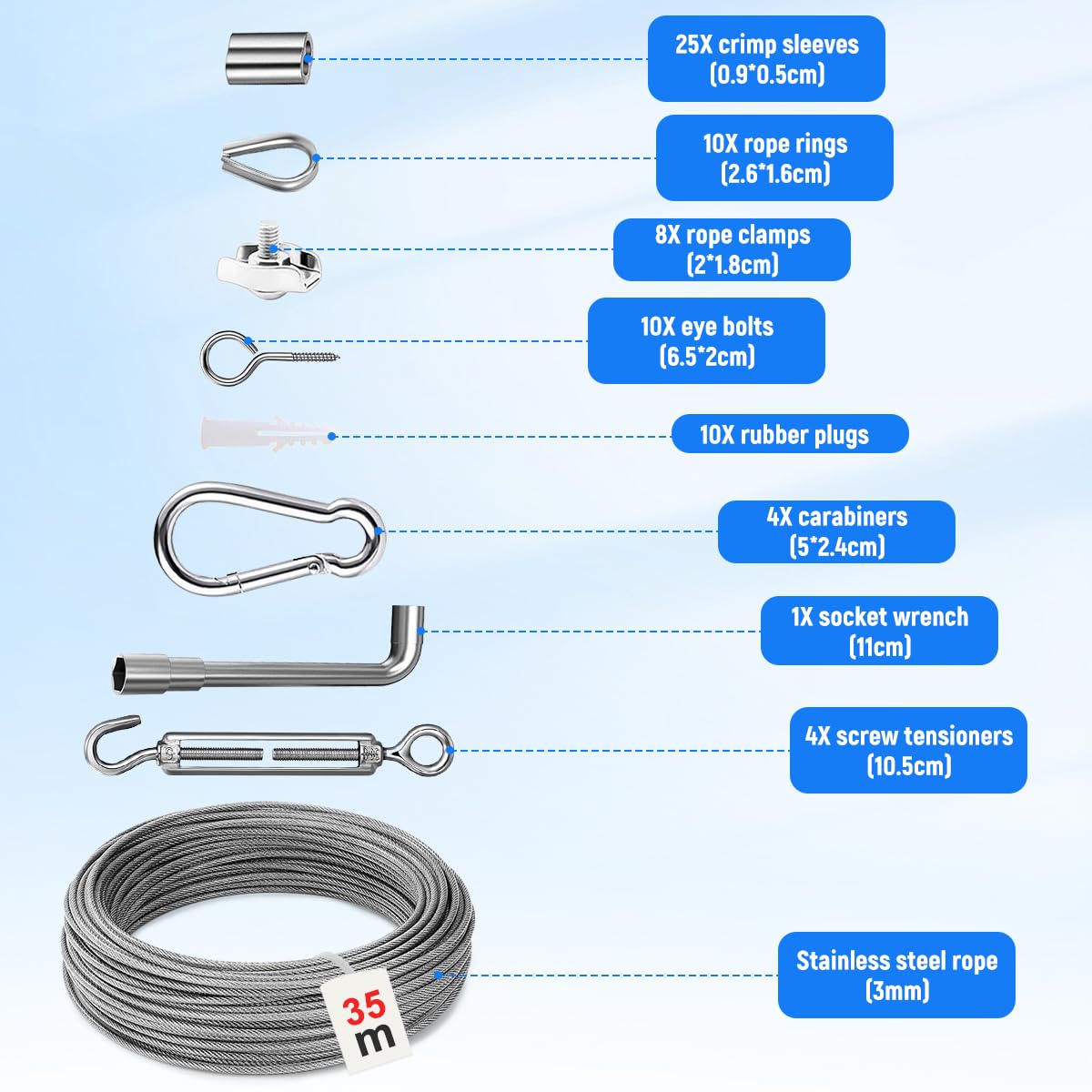 Kit de Cable de Acero Inoxidable 35m 3mm | Cable Acero Plastificado 74 Piezas con Cortador de Cable de Alambre, Tensores y Abrazaderas etc para Crear Tendederos y Vallas con Seguridad