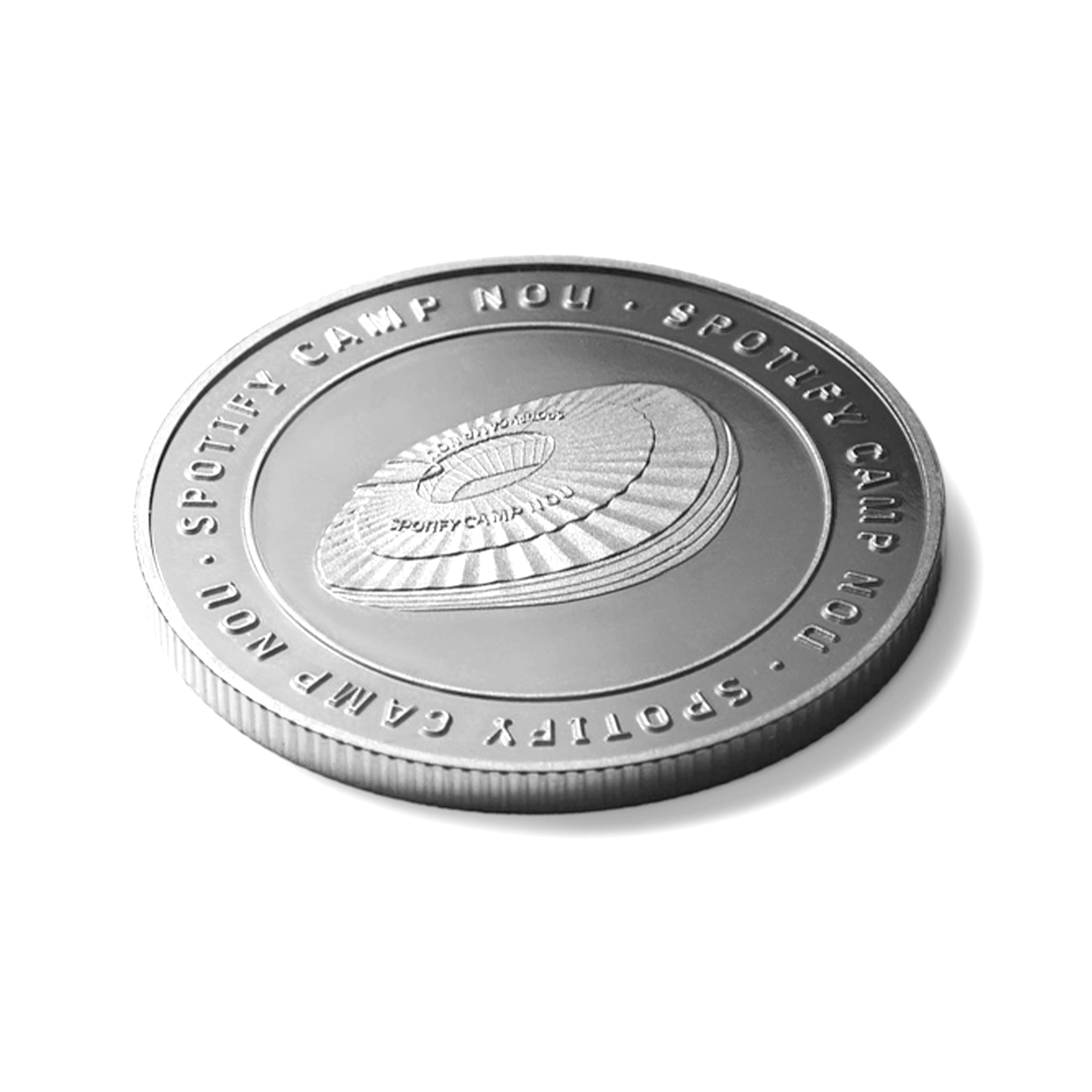 FC Barcelona - Moneda edición Especial con Escudo y Grabado del Estadio Spotify Camp NOU - Coleccionable - Plateada - Producto Oficial