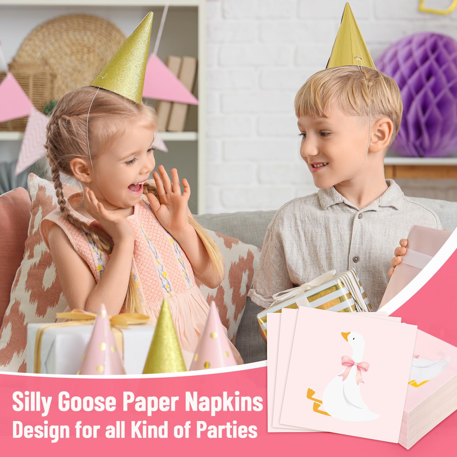 FYSUIMU 50 servilletas de papel de ganso tonto con lazo rosa, servilletas desechables para almuerzo, cena, para cumpleaños, baby shower, fiesta, suministros de mesa