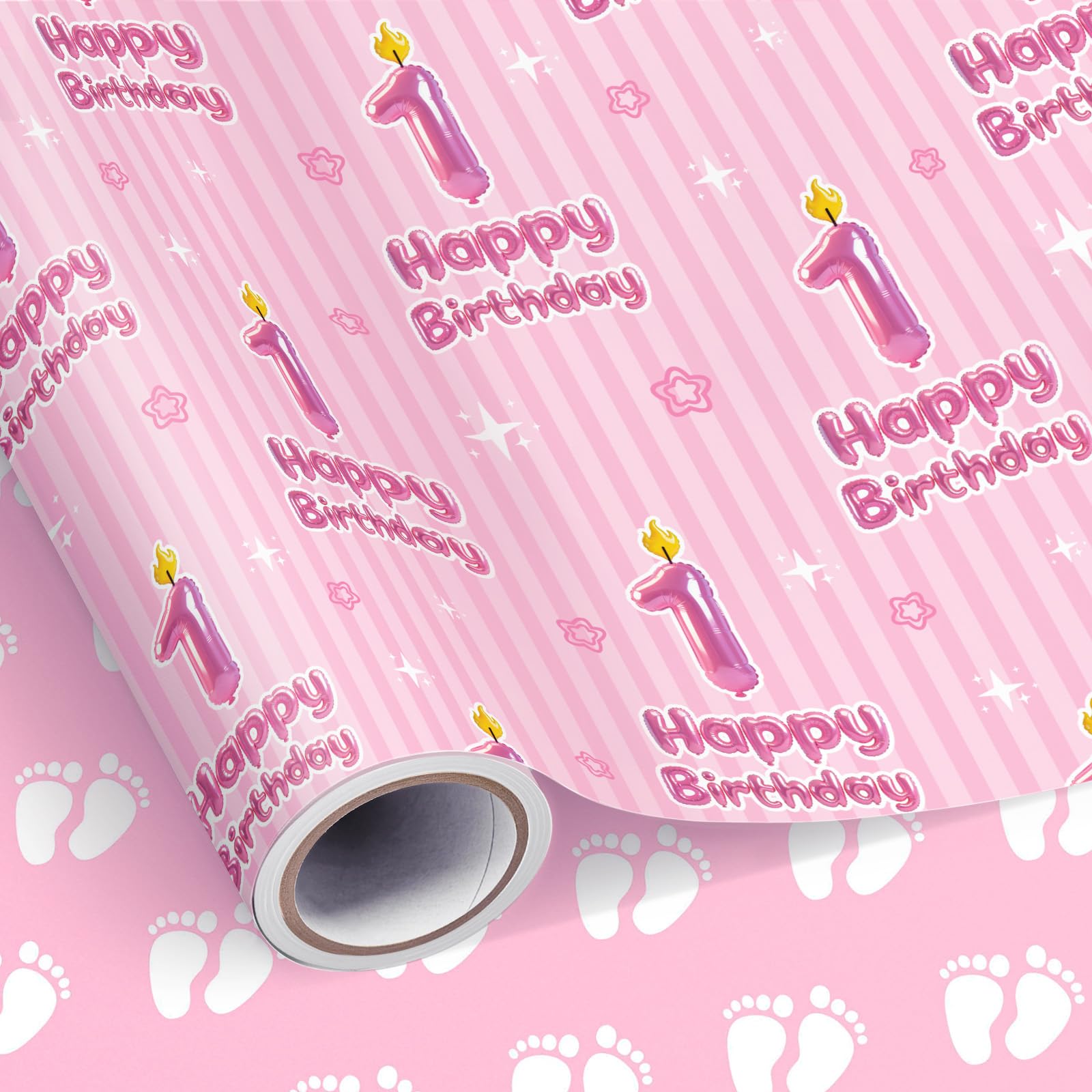 Neloheac Pink 1st Birthday Girls Wrapping Paper Roll 43CM x 10M Reversible โ image 1
