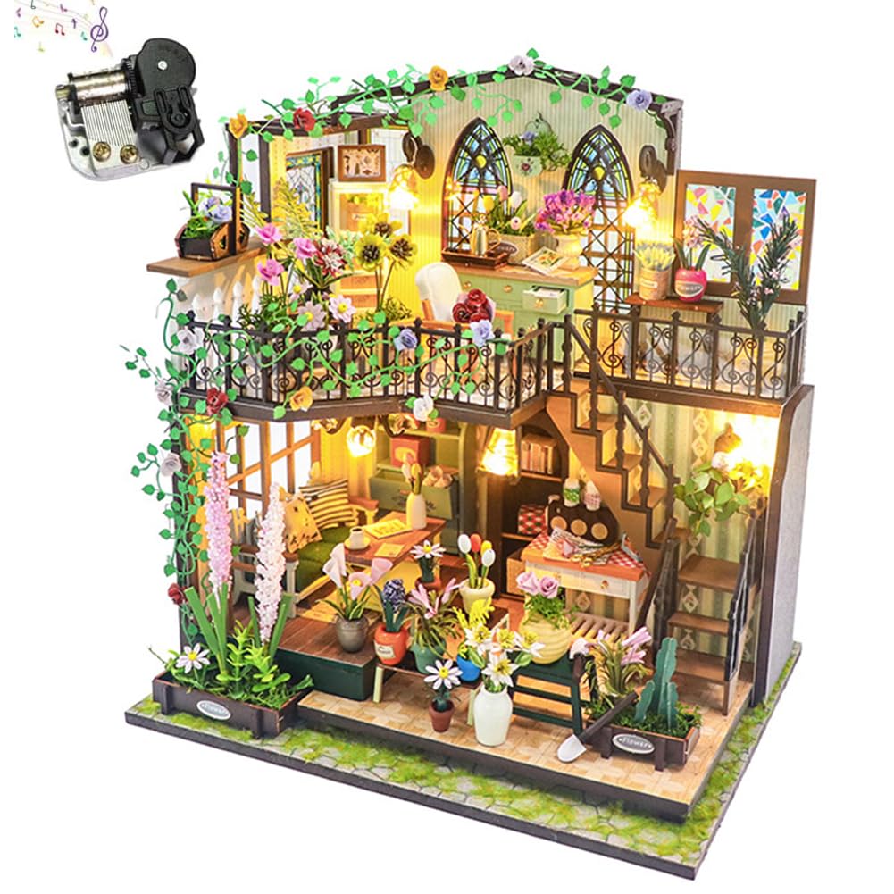 Kit casa delle bambole, serra, camera in miniatura fai da te con luce a LED, kit di costruzione in legno per adulti, casetta per fiori, regali per amici (senza copertura antipolvere)