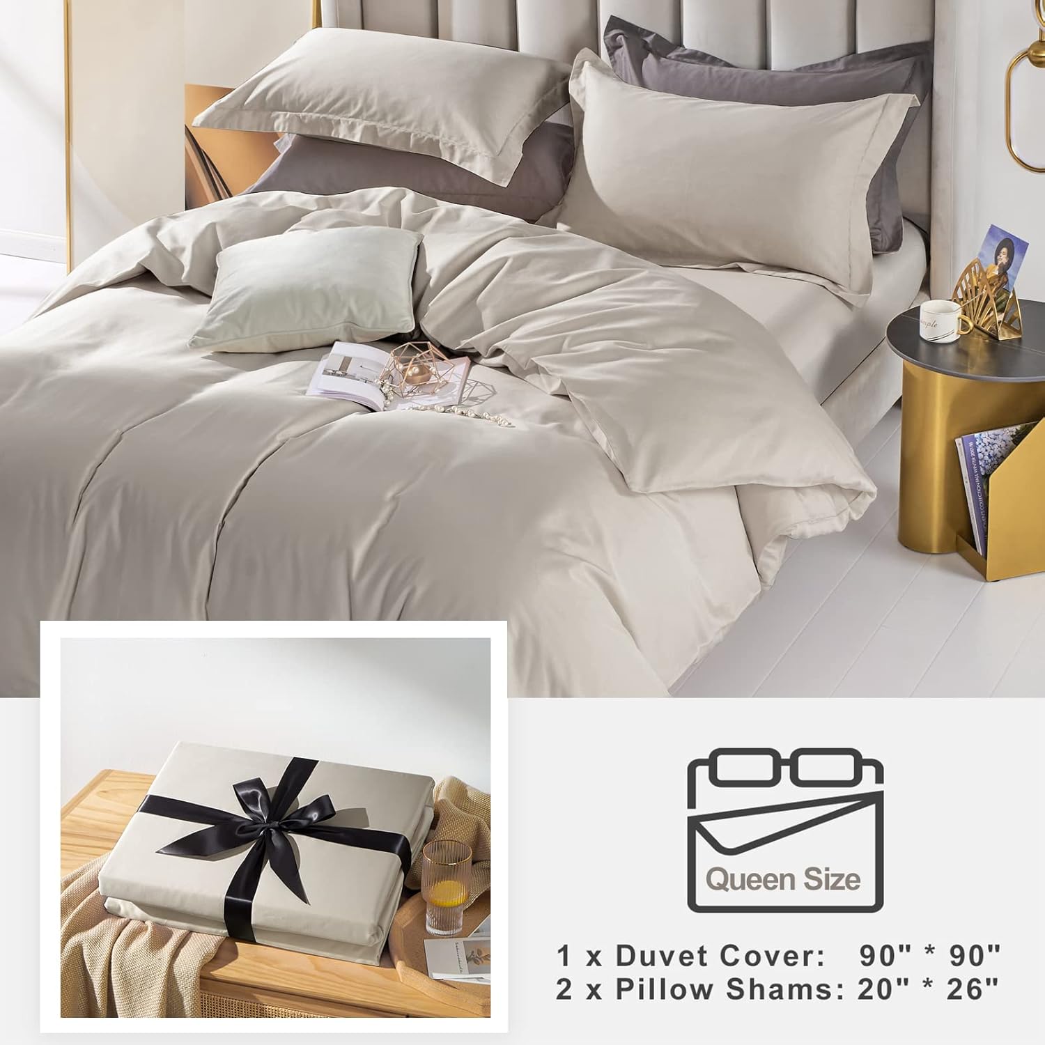 MILDLY 100% Long-Staple Cotton Duvet Cover Set Queen Size Linen Grey Comforter Cover Sets Ultra Soft Bedding Set 3 PCS with Zipper Closure & Corner Tie (No Comforter)