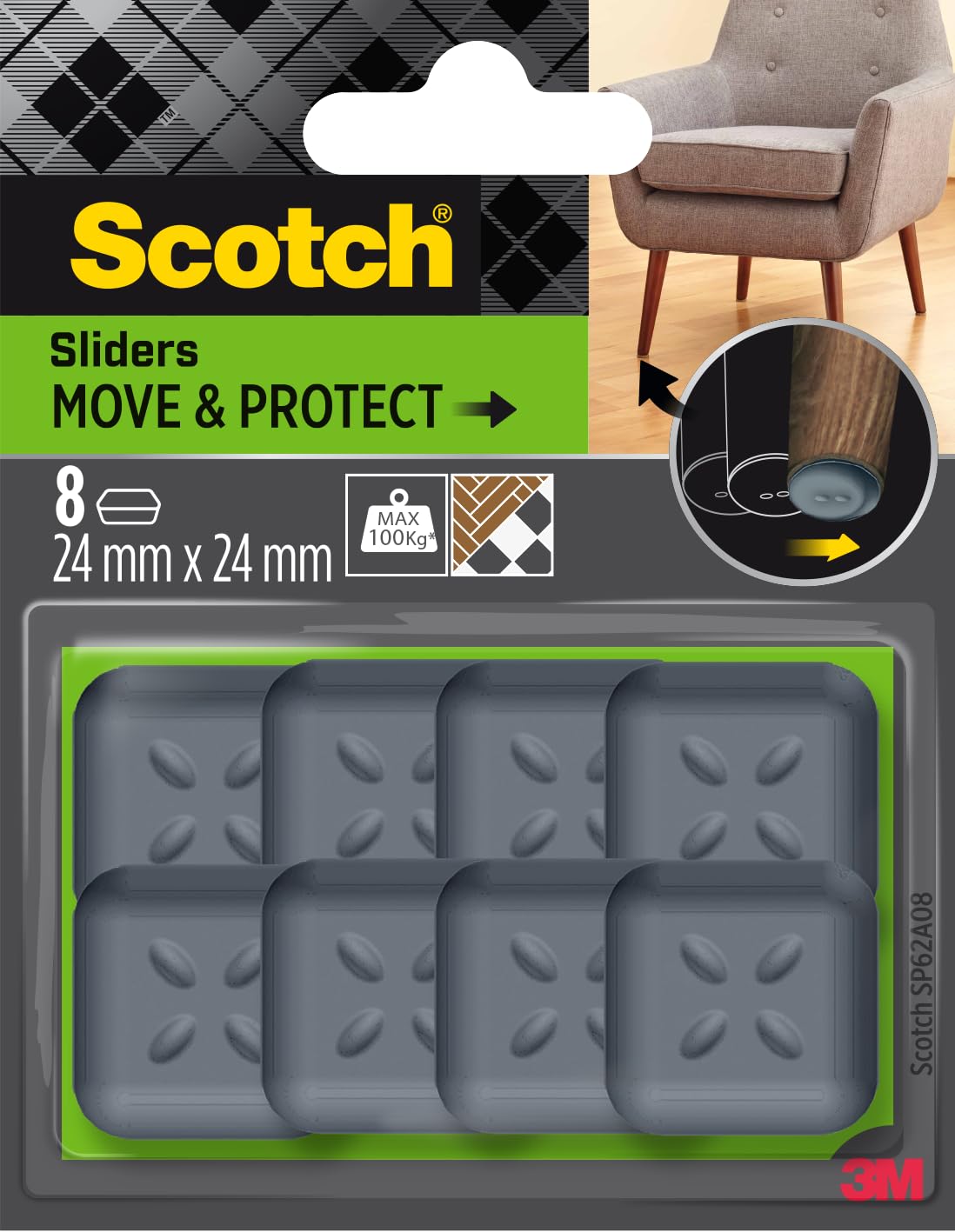 Scotch 0 Move & Protect łyżwy ślizgowe SP62A08, klej, szare, 24 mm, opakowanie 8-100 kg