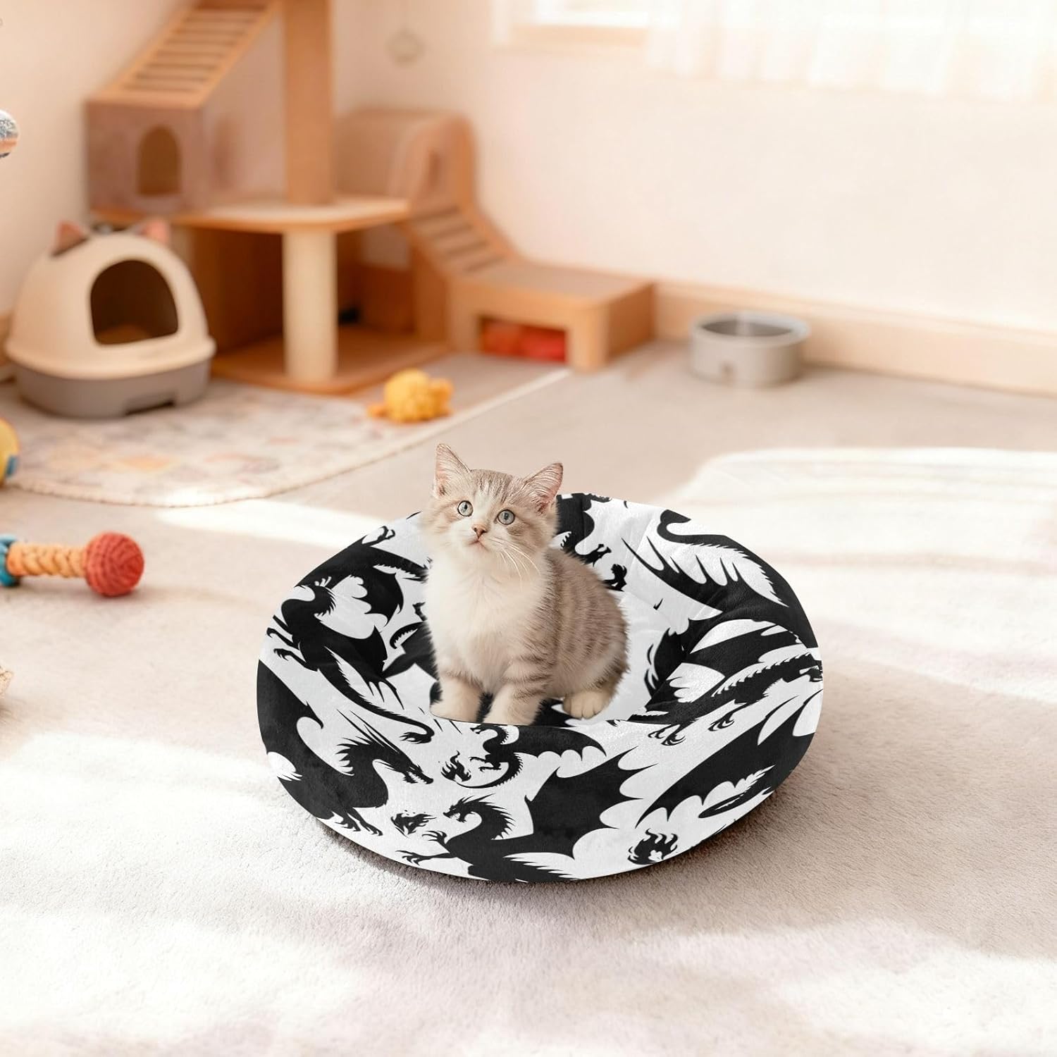 Dog Bed Ultra Soft Fluffy Comfortable Cat Bed, Silhouette Dragon Washable Dog Beds Anti-Slip Round Pet Beds for Medium Dogs