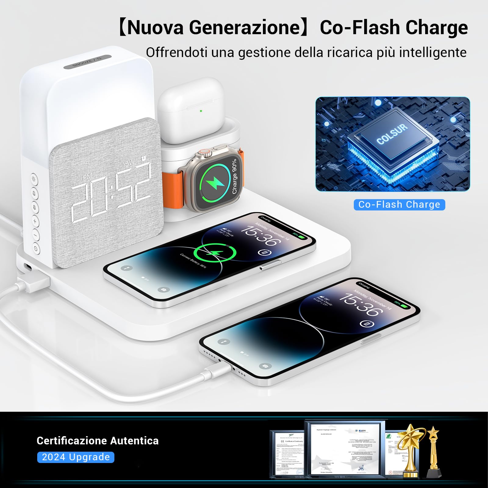 【2025 Upgrade】3 in 1 Caricatore Wireless iPhone Apple Watch AirPods, Caricabatterie per Samsung, Lampada da comodino touch, senza fili, 3 funzioni, sveglia, stazione di ricarica 16/15/14/13 accessori