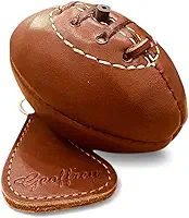 Geoffrey Mini bola de rugby retrô com 4 painéis, couro de vaca bronzeado com base de madeira, estilo vintage com cadarços de couro e costurado à mão