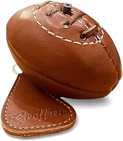 Geoffrey Mini bola de rugby retrô com 4 painéis, couro de vaca bronzeado com base de madeira, estilo vintage com cadarços de couro e costurado à mão