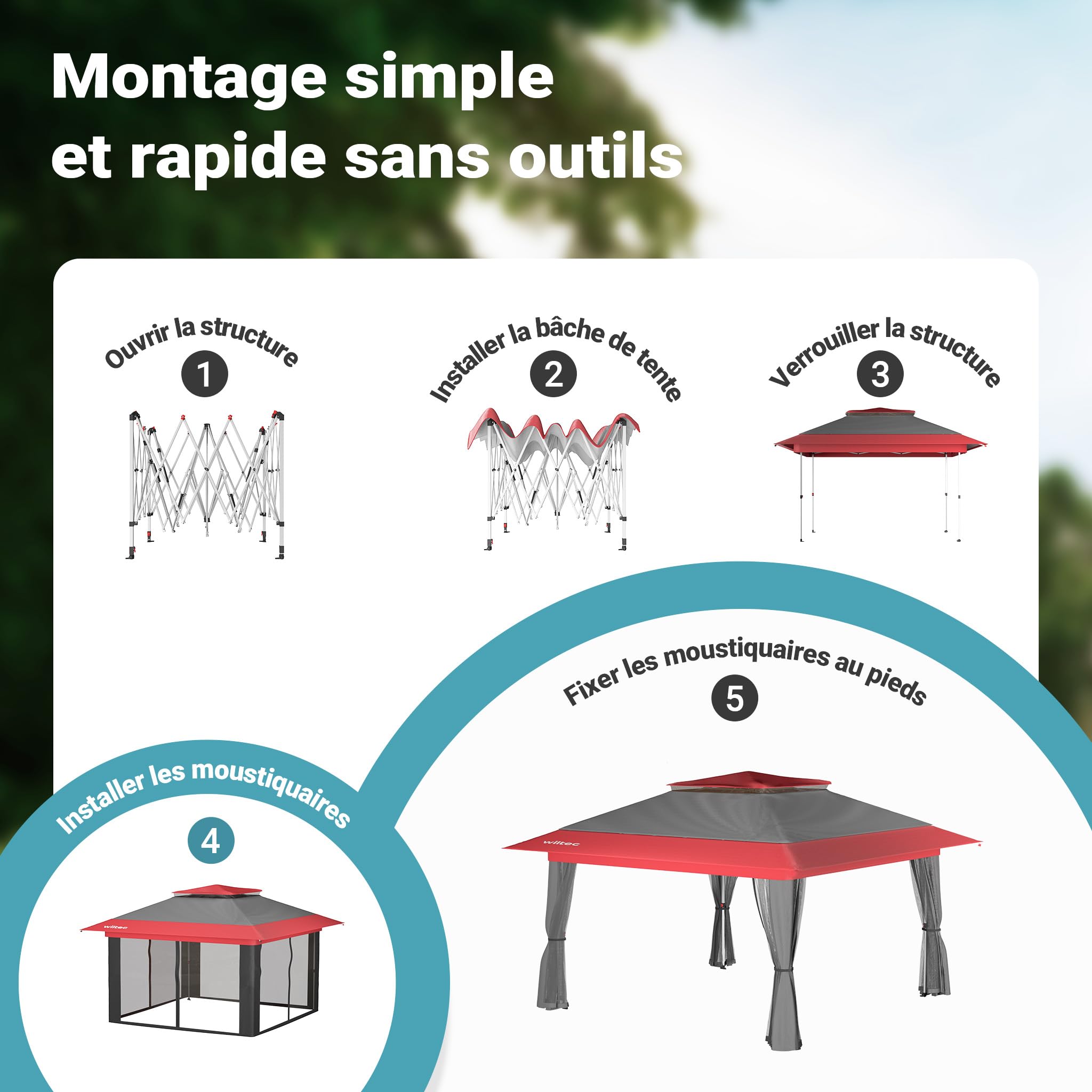 Wiltec Pavillon de réception Pliante – 3,92 x 3,92 x 2,87 m – Couleur Gris-Rouge – avec Protection Anti-moustiques Sac et Roues – Tente Tonnelle de Jardin Fête Camping
