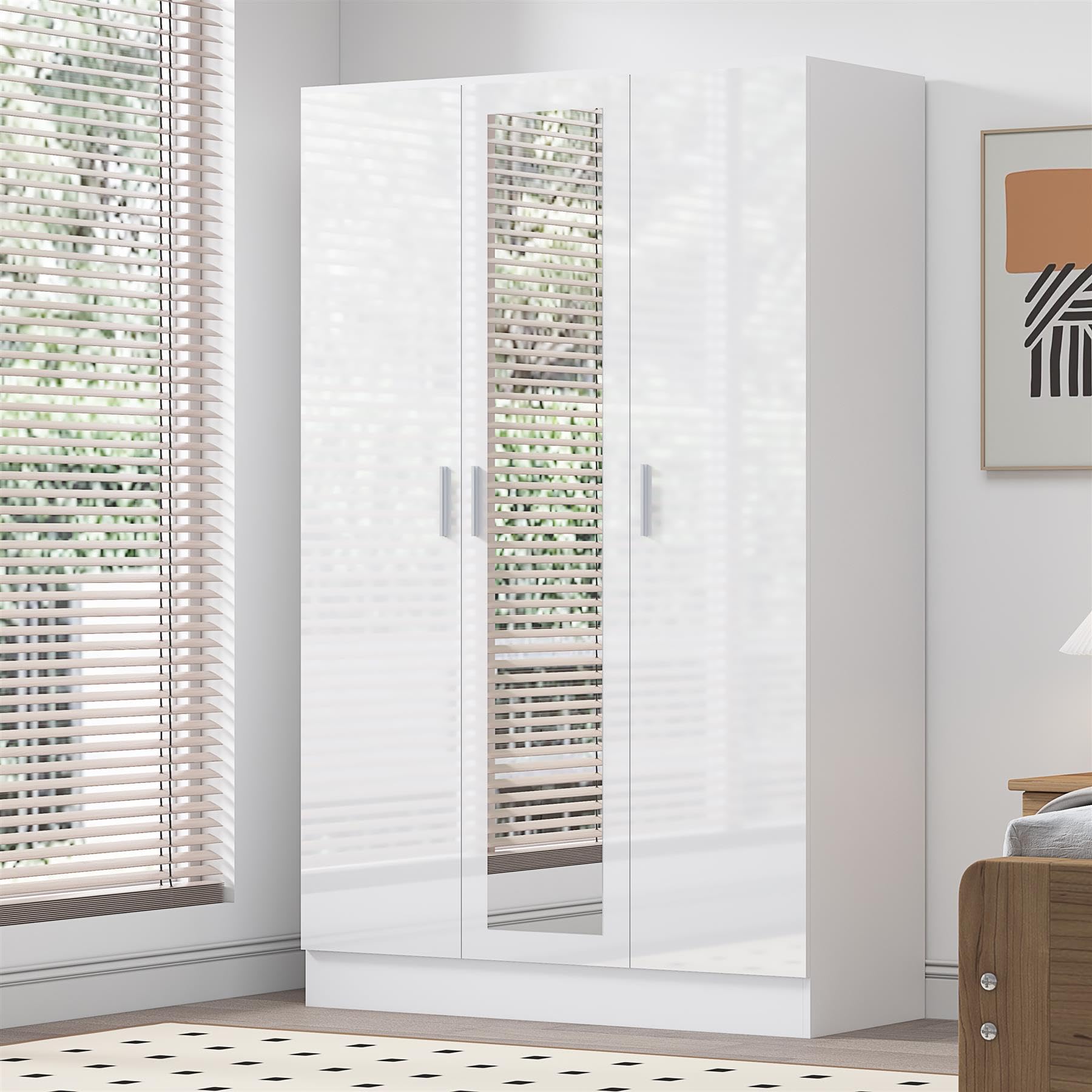 Reflect 3 Door Mirrored Wardrobe | White Gloss & Matt White | Bedroom Storage with Hanging Rail & 4 Shelves | H: 180cm x W: 113cm x D: 47cm | Modern Sleek Design