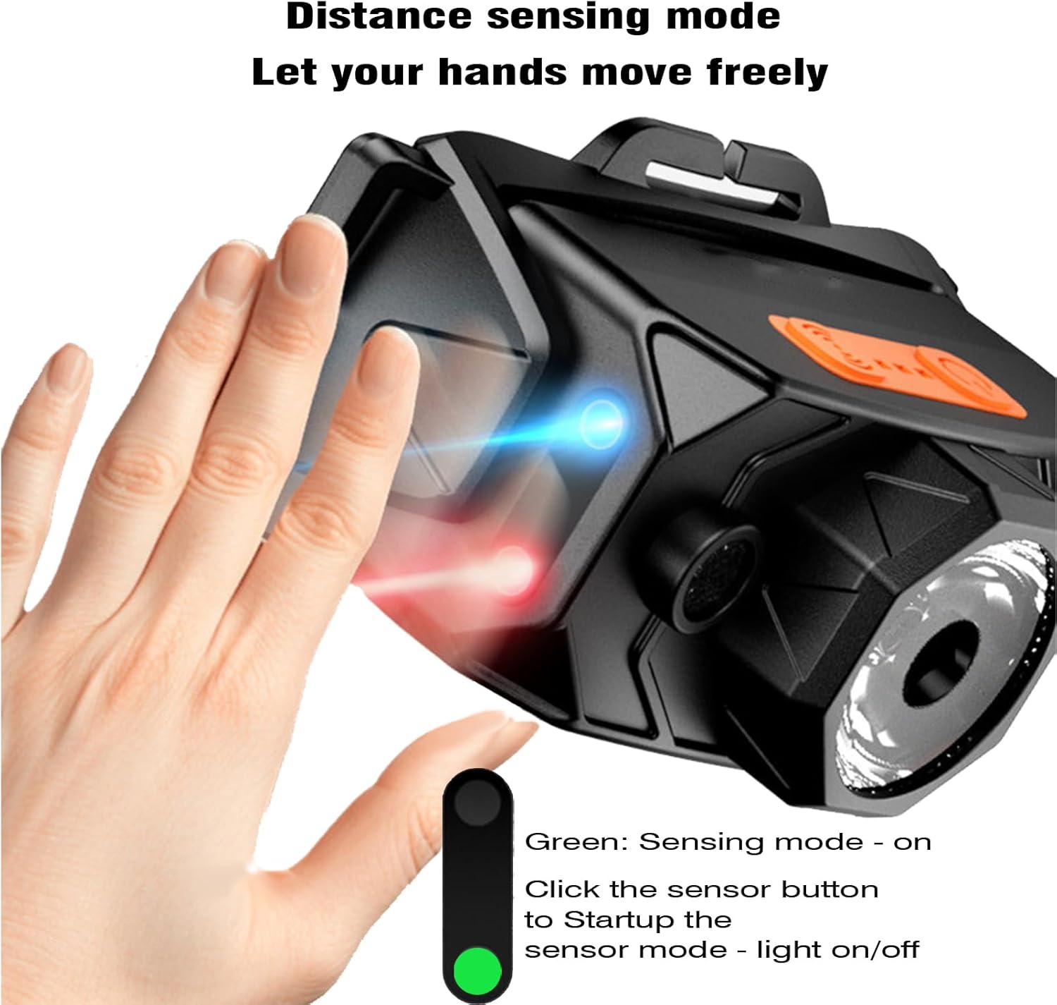 A hand waving in front of the ODEAR mini02 headlamp to activate its motion sensor function, with a green indicator light visible.
