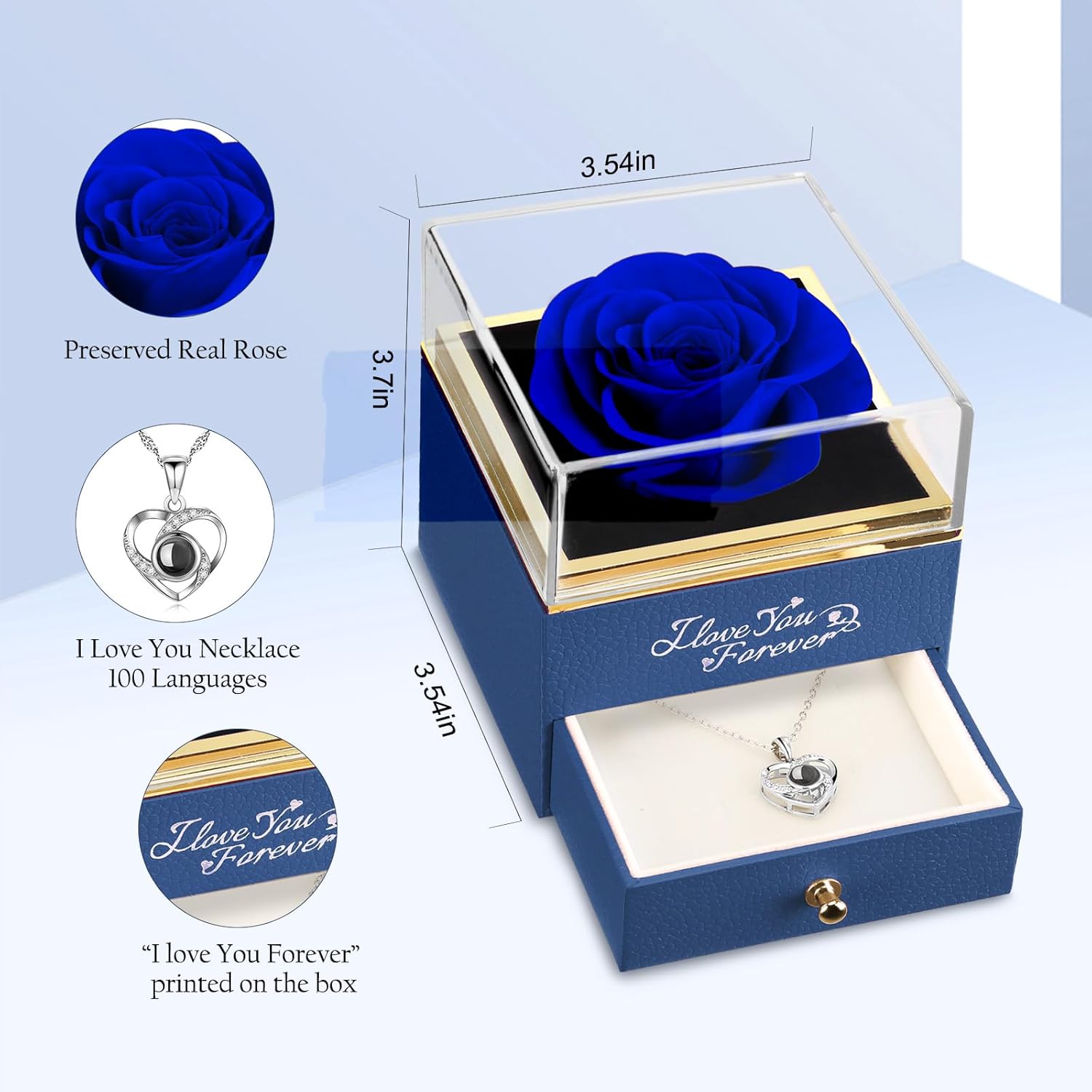 ASELFAD Preserved Real Rose with Heart Necklace -I Love You Forever Eternal Rose for Her, Mothers Day Gifts for Mom, Wife, Anniversary or Birthday Gifts for Women, Blue