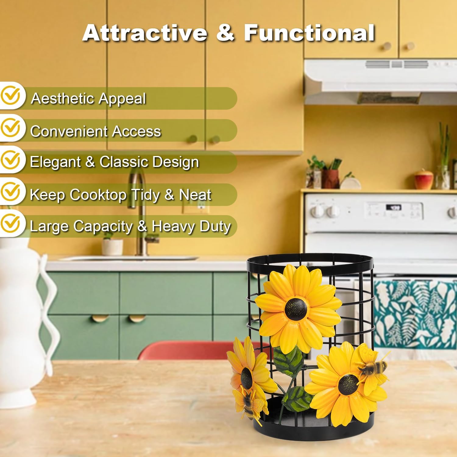Sunflower Utensil Holder Sunflower Kitchen Decor and Accessories Yellow Kitchen Decor Utensil Caddy Countertop Country Crock Counter Organizer Canister Gifts for Women