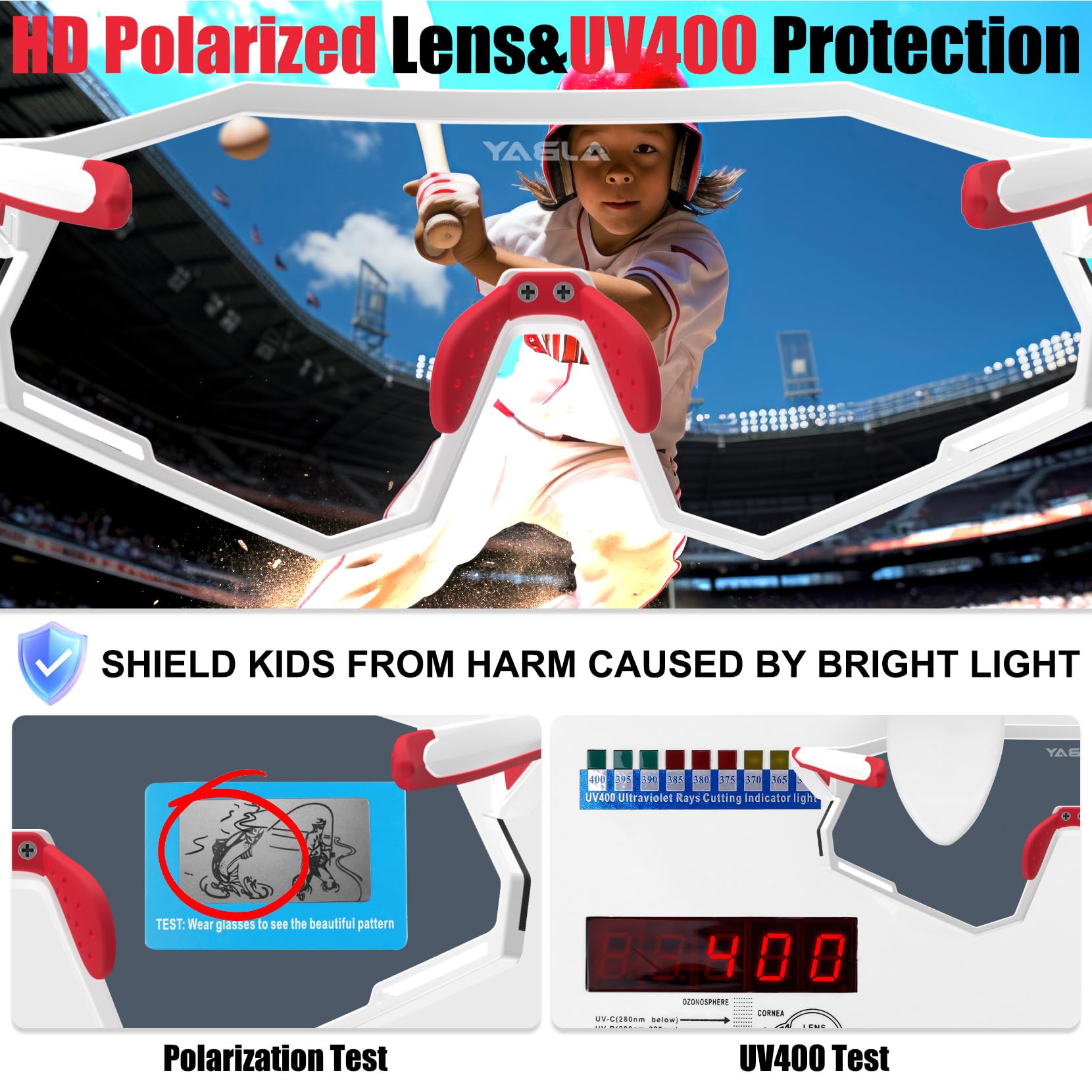 Polarisierte Kinder-Sonnenbrille, UV400 6-14 Baseball-Sonnenbrille für Jungen und Mädchen, Sport-Sonnenbrille für Softball Radfahren