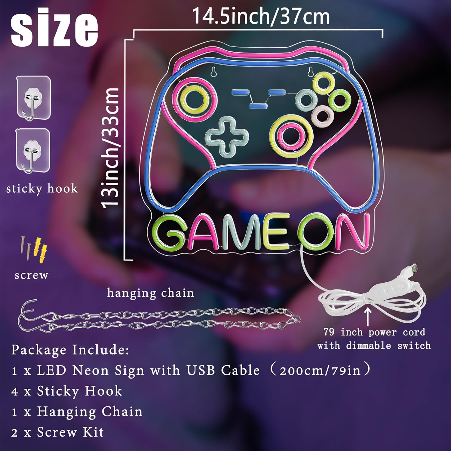 Gamer Neon Sign 14.5'' x 13'' Big Dimmable Game On Neon Light Colorful Game Controller Light Up Sign USB-Powered Gamepad Gaming LED Sign for Teens Boys Bedroom Men Caves Kids Home Party Wall Decor - Image 3