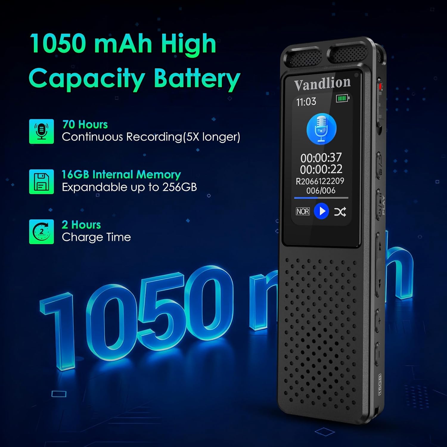 Voice Activated Recorder with Playback (100Hrs Recording Time), Vandlion 1536Kbps HD Digital Recording Device with Noise Reduction, Password for Lectures Meetings Interviews Classes