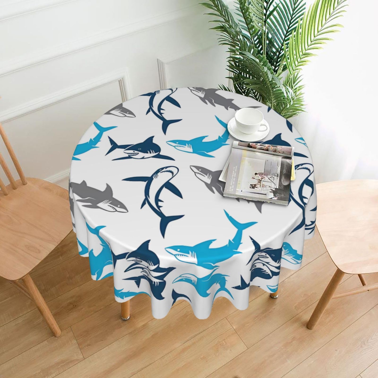 ZHAOUR Cartoon Sharks Print Round Washable Tablecloth – Table Cover