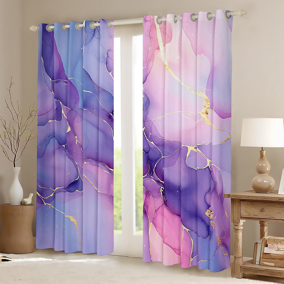 Pink Marble Curtains,Purple Watercolor Window Curtains for Boys Girls Teens,Luxury Abstract Window Treatment Curtains Home Decor,Marble Art Darkening Drapes for Living Room Bedroom,42Wx63L