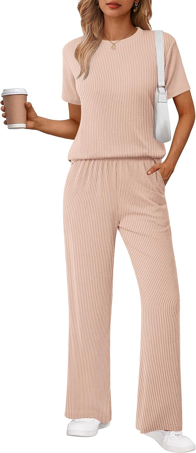 Ekouaer Lounge Set for Women 2 Piece Sets Outfits Top and Long Pants Ribbed Textured Knit Matching Pajamas with Pockets