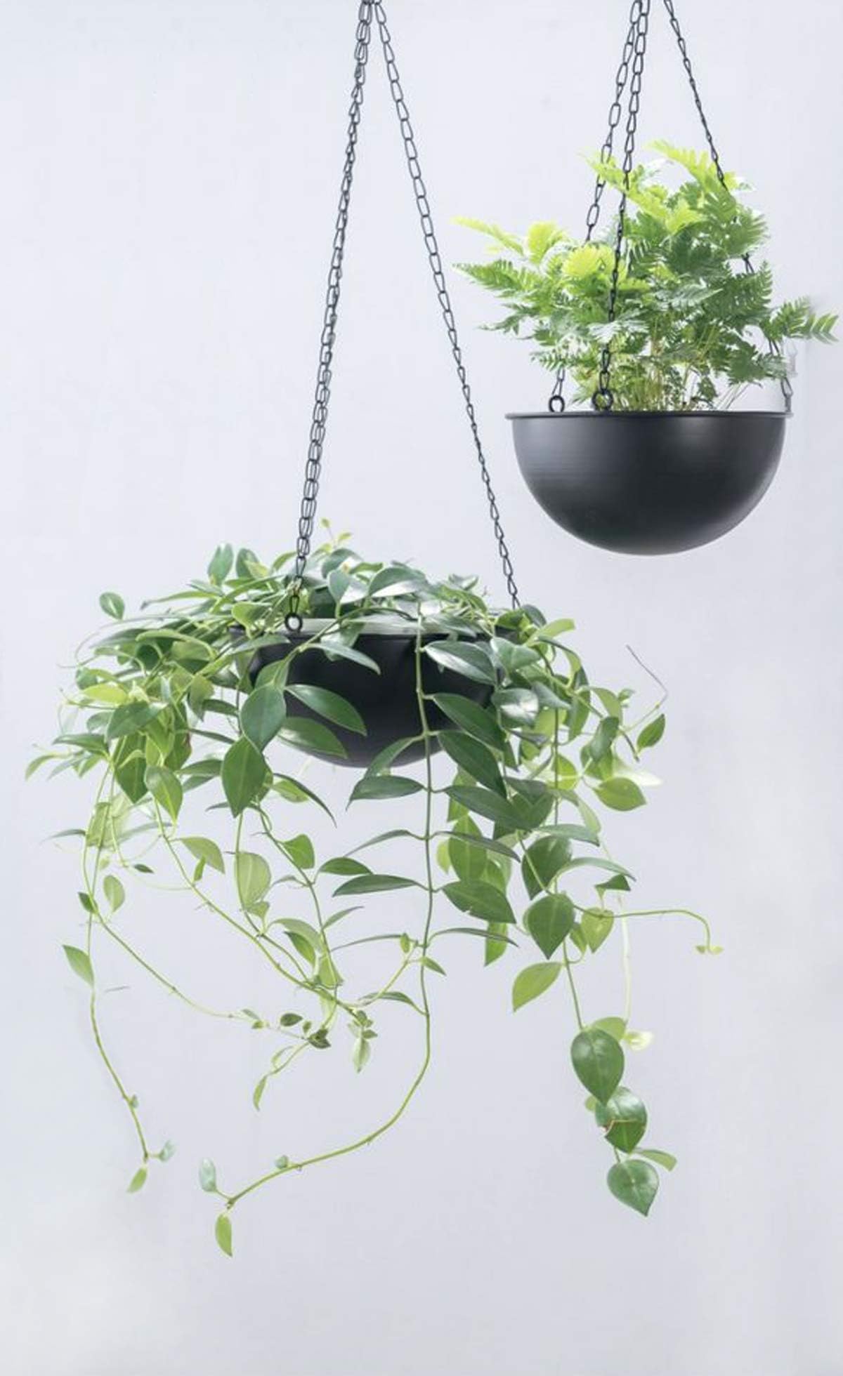 RISEON Set of 2 Boho Metal Bowl Shaped Plant Hanger,Metal Round Hanging Planter Flower Plant Pot, Modern Planter, Mid Century Plant Holder, Minimalist Planter for Indoor Outdoor Home Decor (Black)