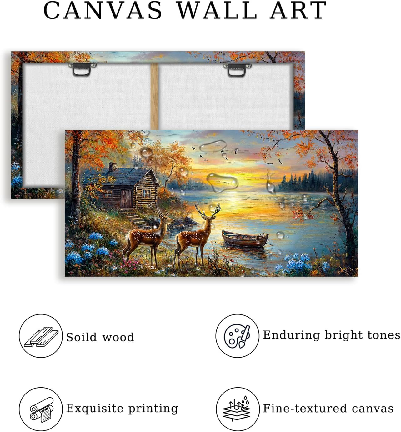 crmotu Rustic Deer Landscape Wall Art, Lake Cottage Pastoral Large Artwork, Nature Autumn Scenery Canvas Prints, Rural Sunset Wall Pictures for Living Room Bedroom Farmhouse Bathroom Decor 24X48 In