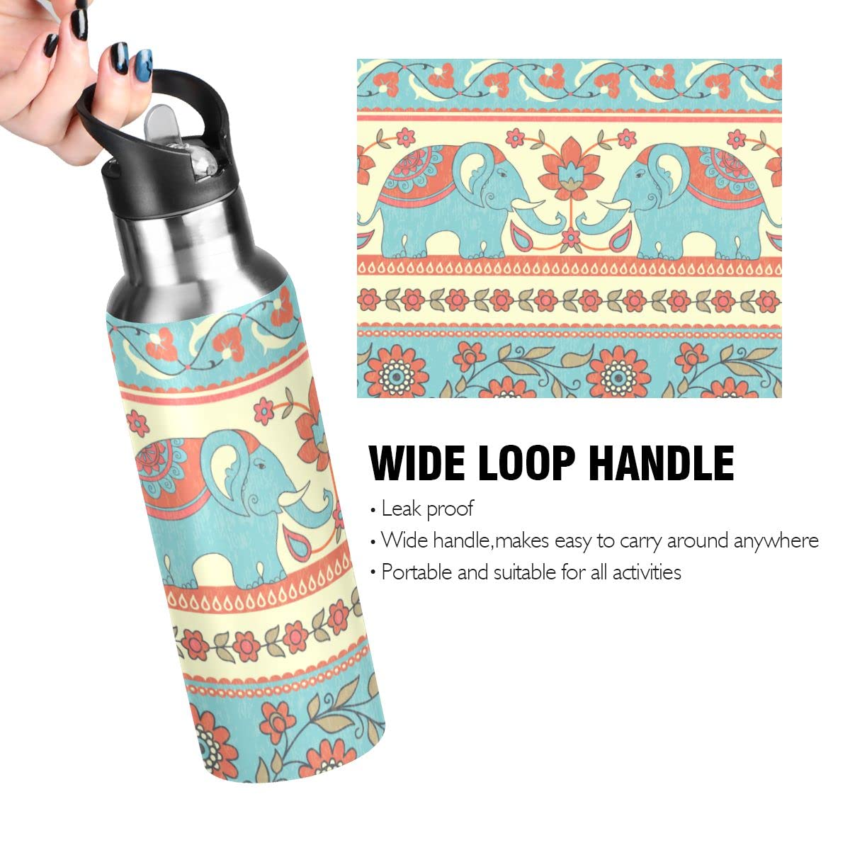 Edelstahl Wasserflasche mit Strohhalm, indische ethnische Elefanten und Blumen Isolierte Trinkflasche Sport Wasserflasche für Kinder Erwachsene, auslaufsicher, 1L
