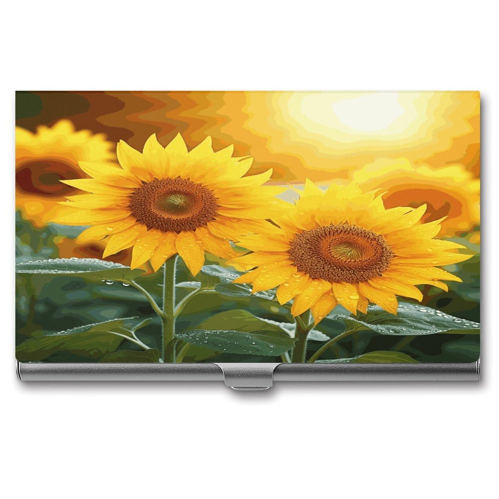 LDGSUPH Sunflower Flowers Business Card Holder Fashion Slim Name Card Holder Minimalist Design Case Metal Card Carrier Personalized Business Card Case with Flip for Men Women