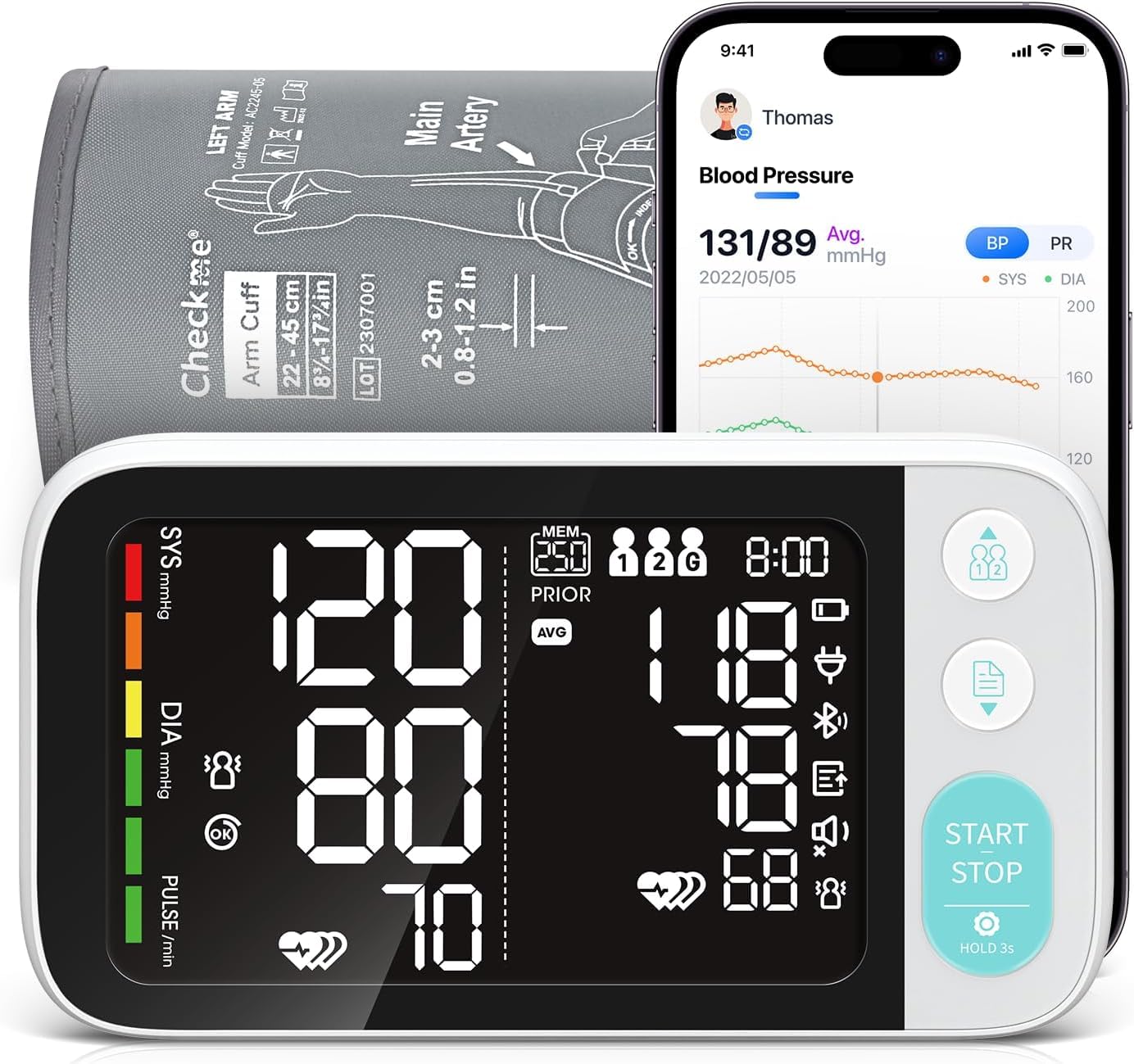 CheckMe Tensiómetro de Brazo con Pantalla Grande para Resultados Comparables, Tensiómetro Bluetooth con Detección de Arritmias, También para Embarazadas y Diabéticos, 22-45cm