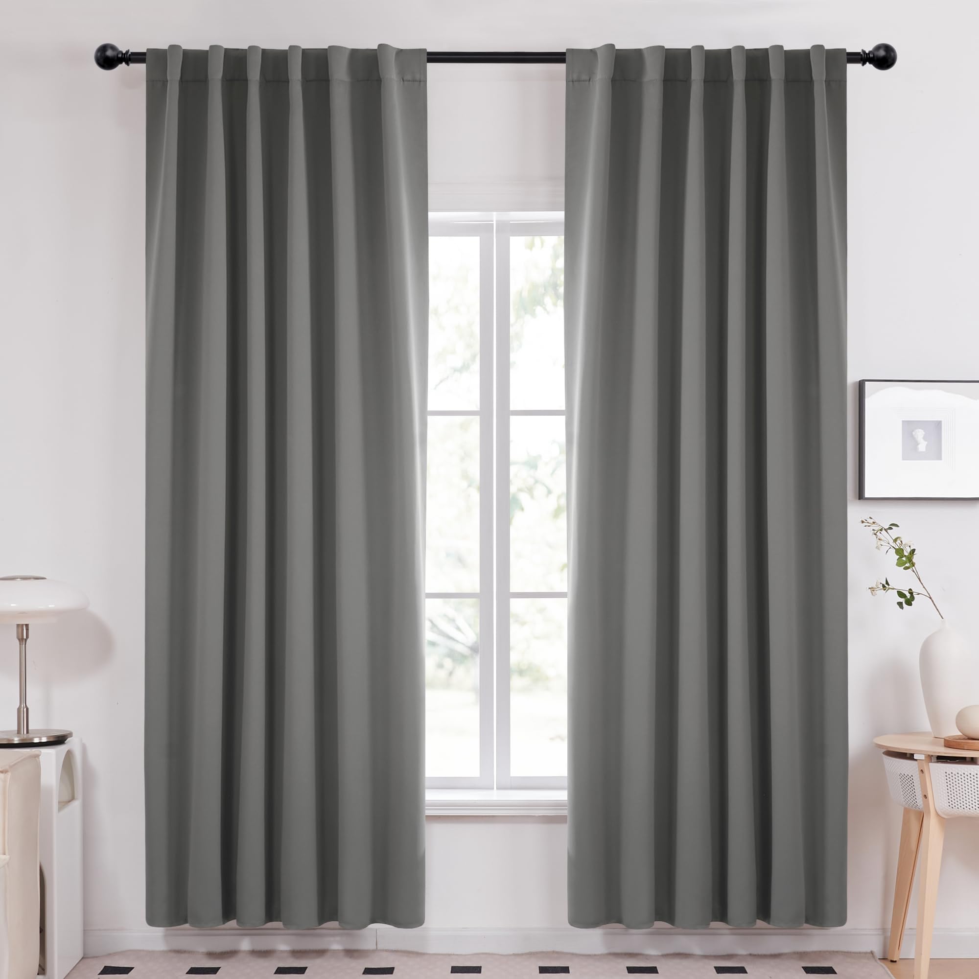 Deconovo Back Tab and Rod Pocket Curtains Blackout Shades Room Darkening Blinds Thermal Insulated Curtains for French Door 52Wx95L Inch Light Grey Set