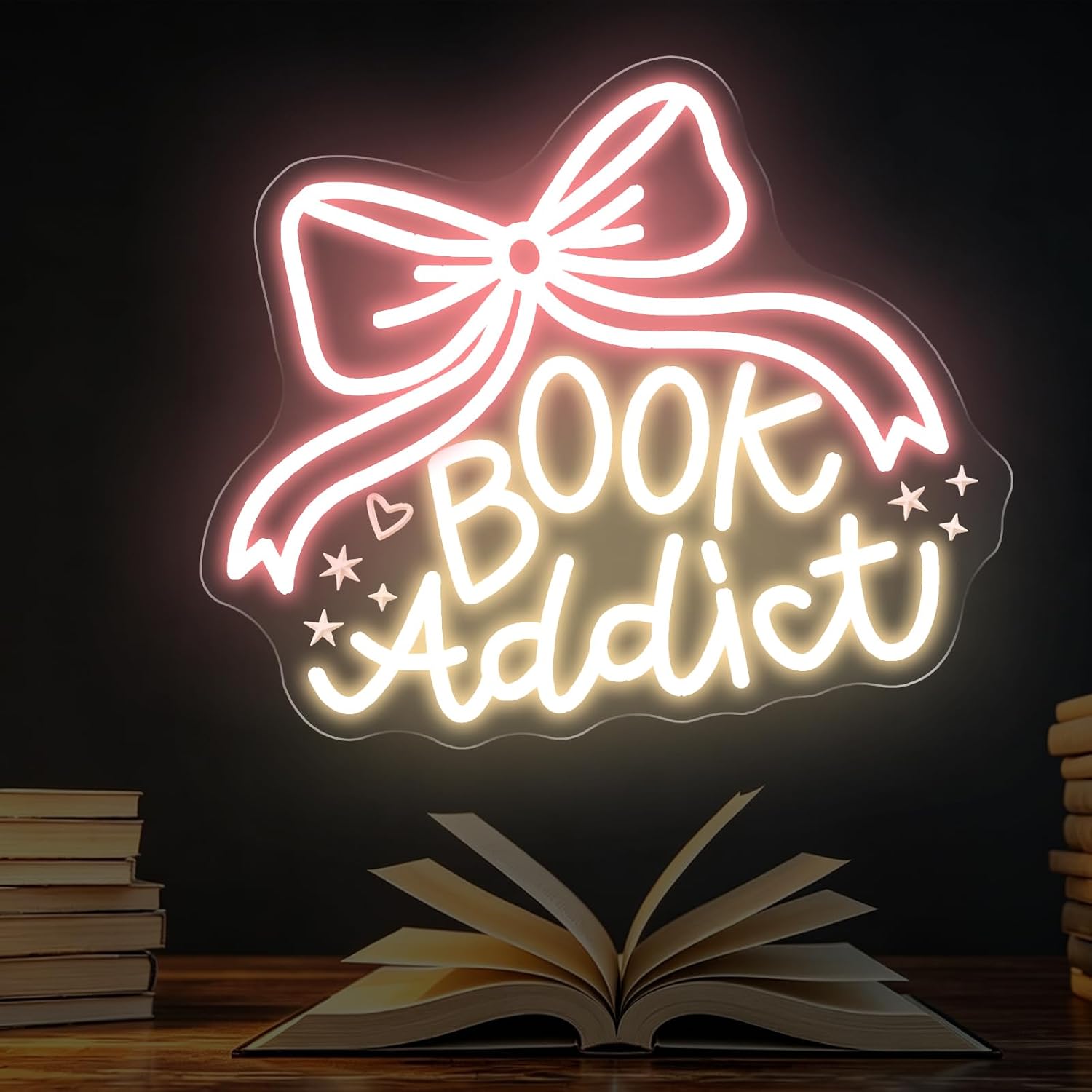 Book Addict LED Neon Sign with Coquette Bow 14.8x12.6 Inch USB Dimmable Book Lover Wall Decor, Aesthetic Reading Nook Light for Bedroom, Library & Dorm Room image 2