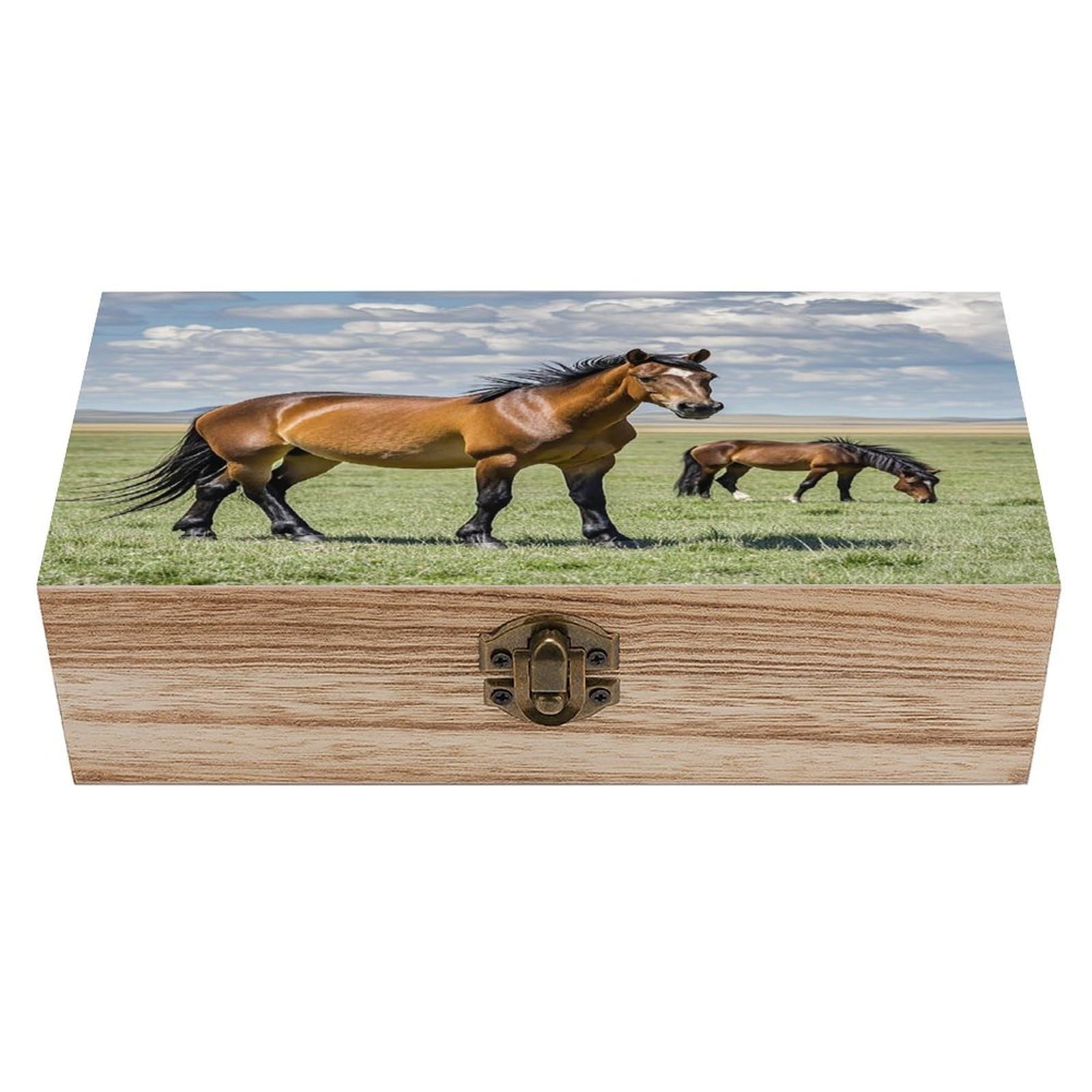 asbwuo Grazing Wild Horses Wood Keepsake Box Wooden Box with Hinged Lid