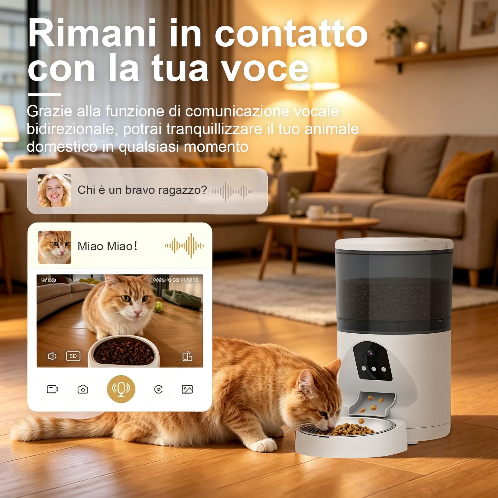 Distributore Automatico Cibo WiFi per Gatti e Cani 6L | 2.4Ghz WiFi, Dispenser Crocchette per Crocchette, 3MP HD Telecamera con Visione Notturna, Audio Bidirezionale, Controllo App