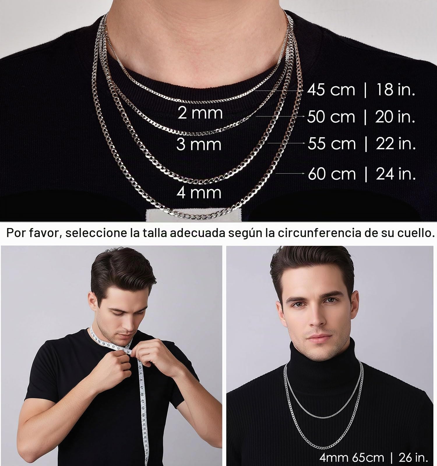 Cadena de plata de ley 925 para hombre y mujer, 2/3/4 mm de ancho, sin colgante, superplana, cadena de plata real