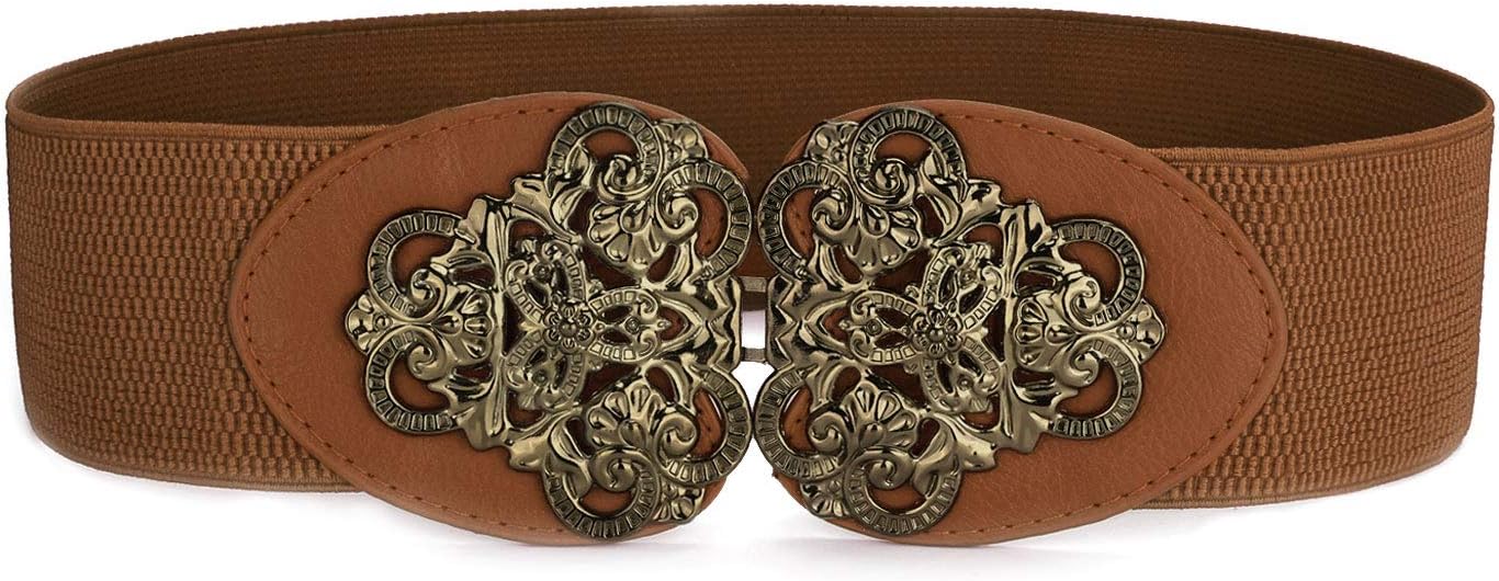 Woman Interlocking Buckle Brown Textured Retro Elastic Fabric Waist Belt