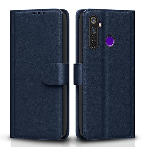 Pikkme Realme 5 Pro Flip Case Leather Finish | Inside TPU with Card Pockets | Wallet Stand and Shock Proof | Magnetic Closing | Complete Protection Flip Cover for Realme 5 Pro (Blue)