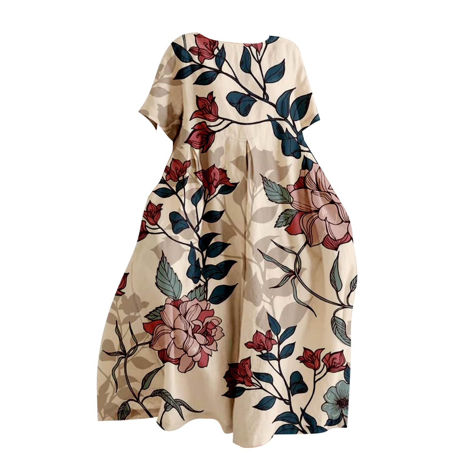 Leinenkleid Damen Sommer Lang Boho Große Größen Maxikleid Loose Rundhals Freizeitkleid Blumen Druck Urlaubskleid Halbärmeln Longshirt Vintage Maxi Dress Mode Strandkleid Lange Kleid