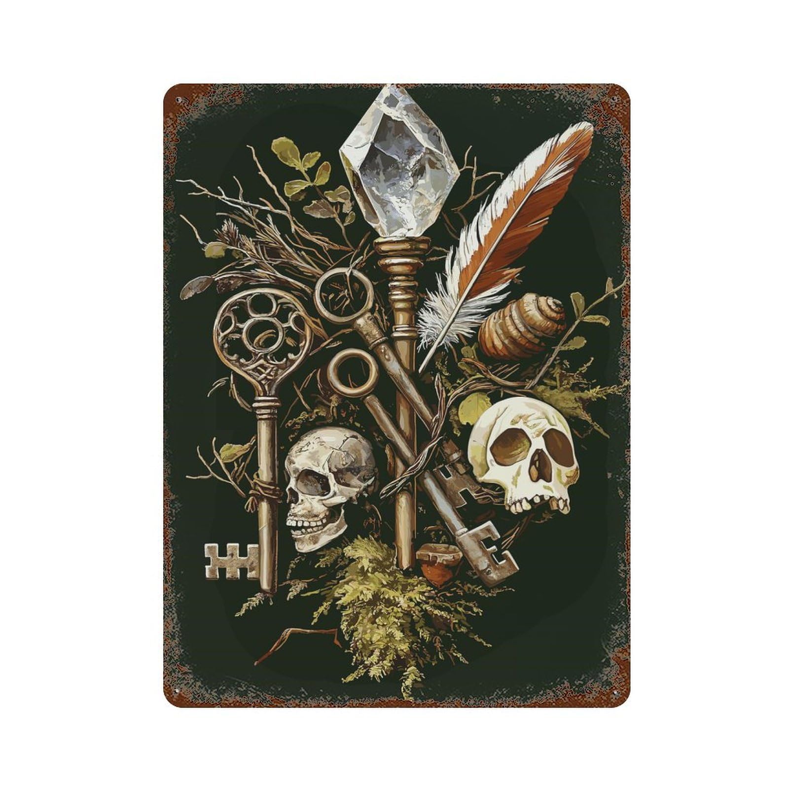 Goblincore Mystical Keys And Skulls Vintage Rust Metal Sign 15.7"x11.8", Classic Wall Plaque for Basement, Hobby Room And Garage Decor