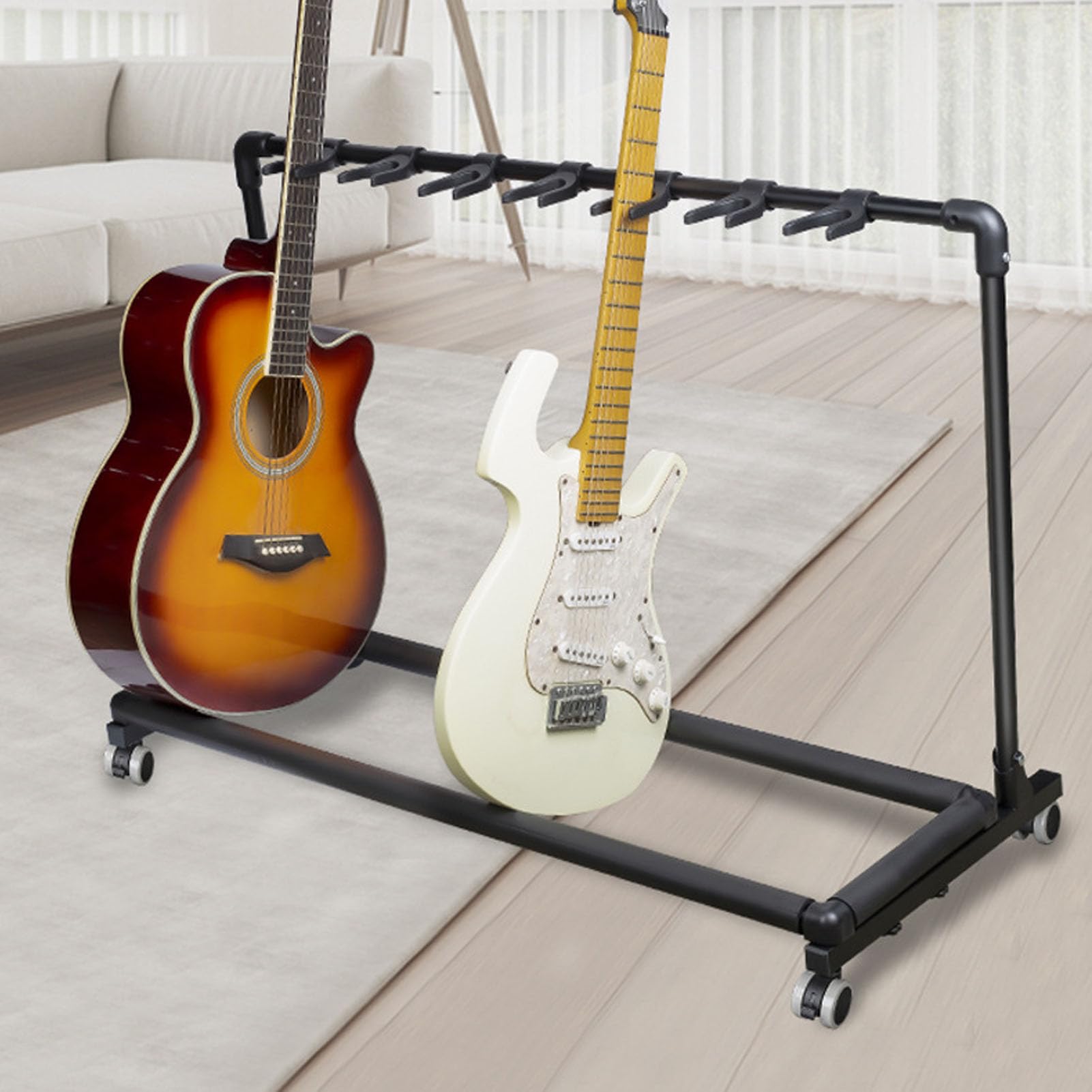 Multi-Gitarrenständer, Mehrere Gitarrenständer, Universelles Gitarren-Display-Rack für E-Gitarre, Bass, Schwarzer Gitarren-Display-Halter, Klappbarer Gitarrenständer mit Rollen (7)