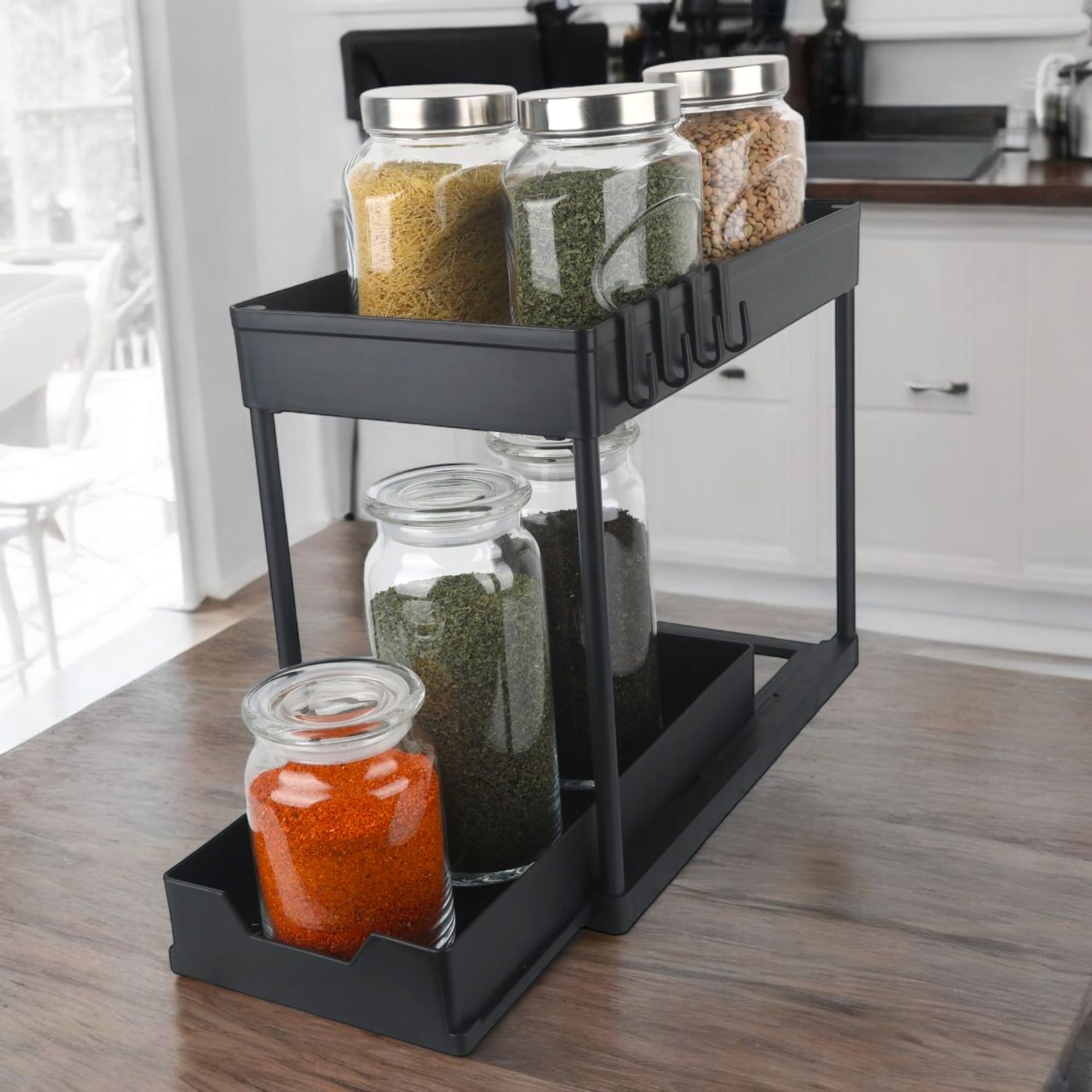 Payiz 2 Tier Kitchen Organiser, Home Organisation for Cabinet, Multi Purpose Storage Rack for Kitchen, Out Drawer BLACK