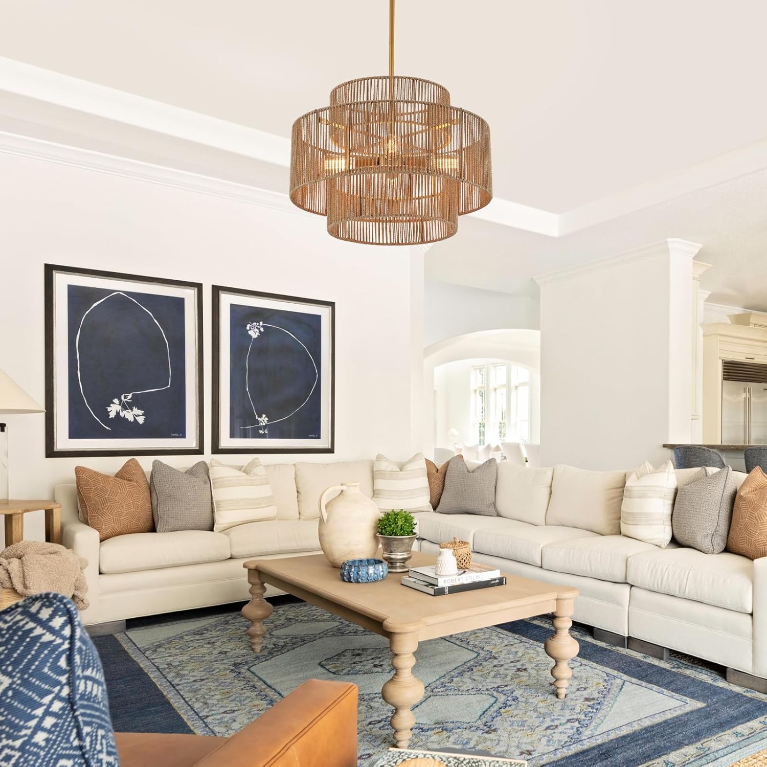 24” Boho Hand Woven Rattan Chandelier 3 Round Adjustable 4-Light Large Pendant Light for Kitchen Island Dining Room Living Room Hallway, Brass, UL Listed